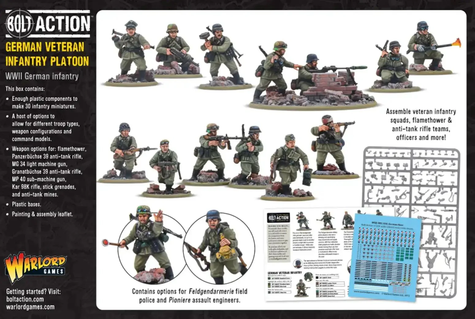 28mm German Army Veterans Infantry Platoon Plastic Miniatures For Bolt Action War Game, 30 Dope Figures With Flamethrower Panzerbüchse 39 MG34 Granatbuchse 39 Flexible Weapon Configurations Plus Command Options, Highly Detailed WWII German Infantry - Image 2