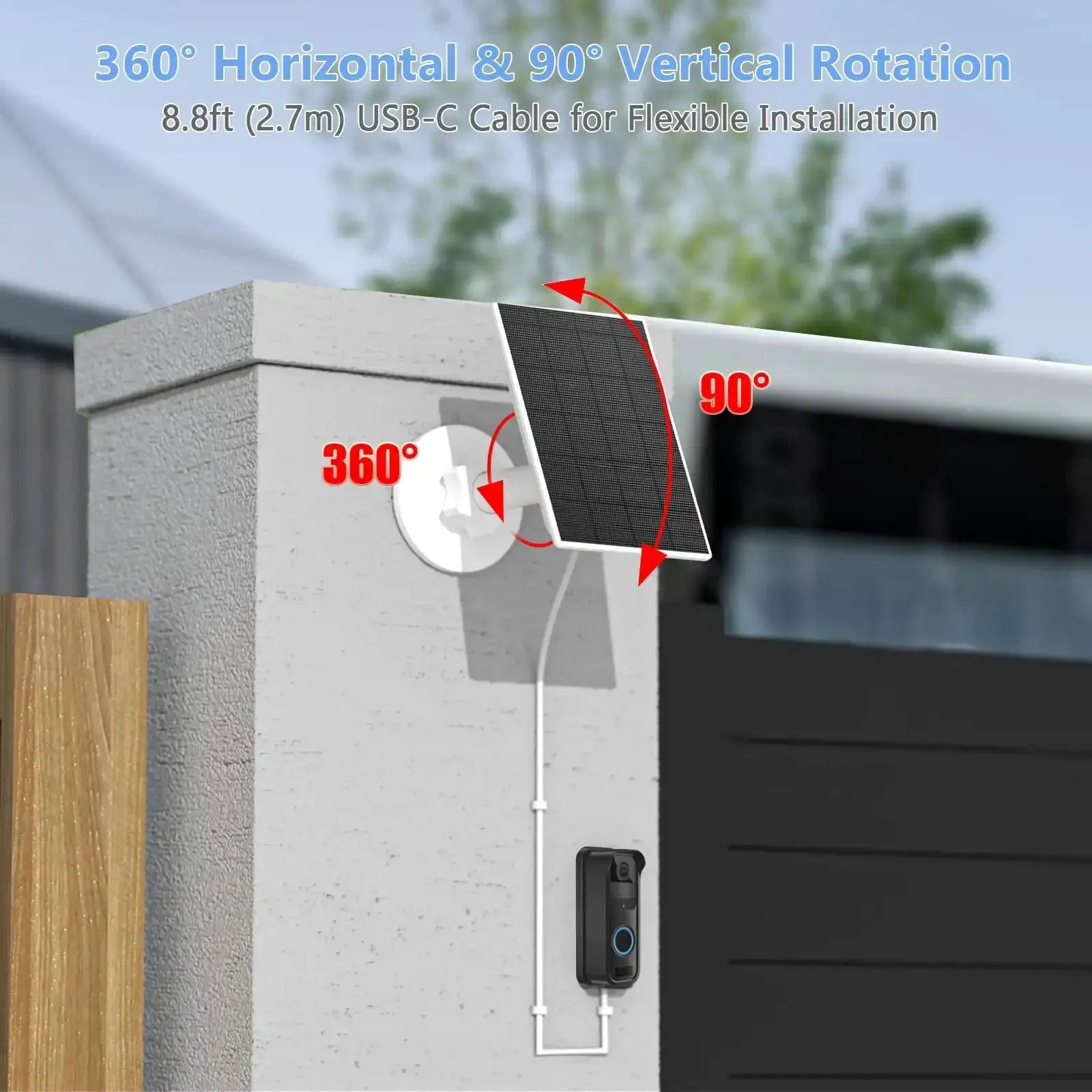 2W Solar Panel Charger For Blink Doorbell With USB C 5V Output, IP65 Waterproof Outdoor Solar Power Kit, 9ft Cable And 360 Degree Adjustable Bracket To Keep Your Doorbell Charged On The Fly - Image 3