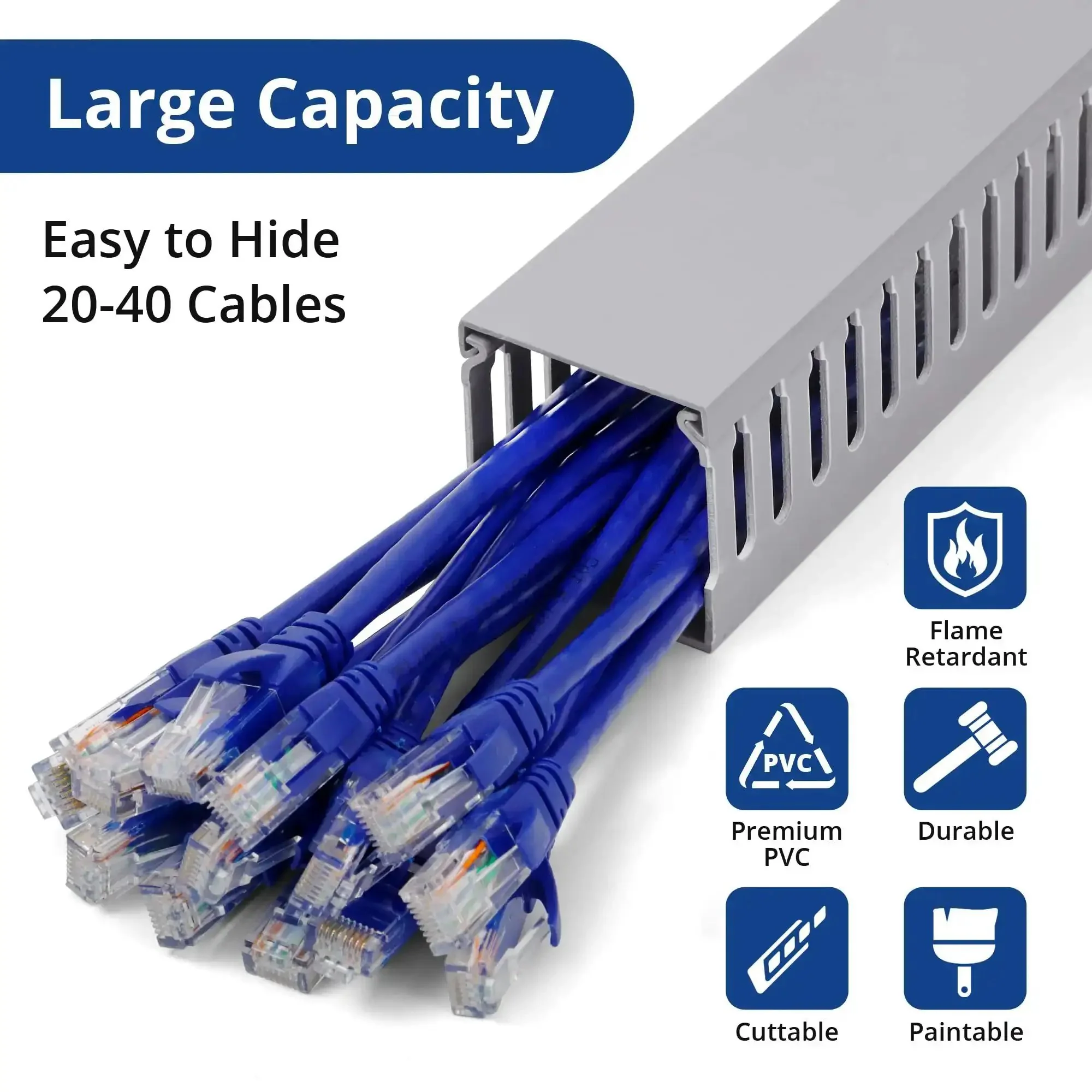 2x2 Inch Cable Management Raceway For Server Racks PVC Duct Kit Electrically Safe Wire Organizer For Network Cables Open Slot Cord Concealer For Under Desk Setup Grey Durable PVC Easy Install With Dual Side Openings To Keep Cables Neat - Image 5