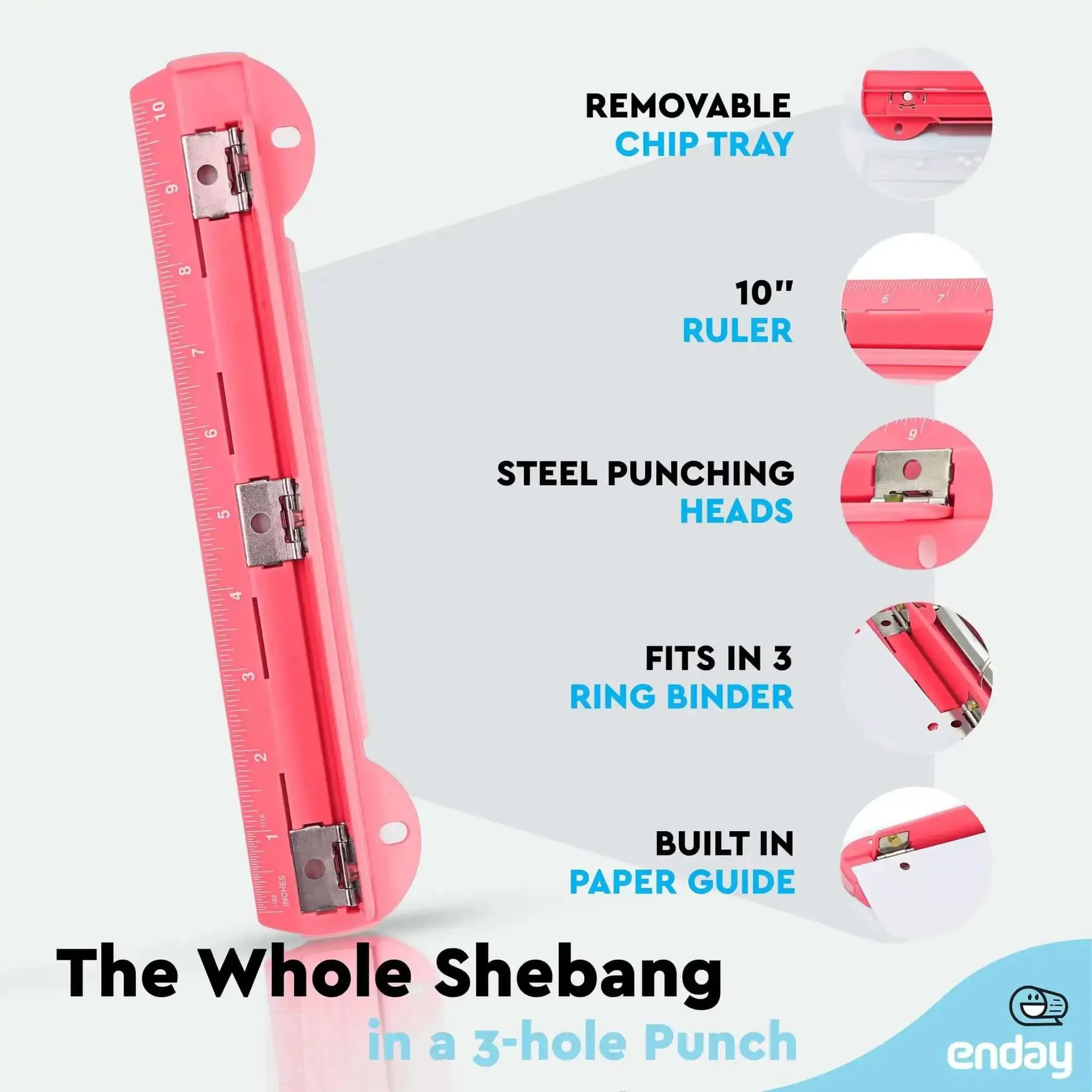 3 Hole Punch For Papers And Binders, Portable 3 Ring Hole Punch With Built In 10 Inch Ruler, Removable Chip Tray, Great For School, Office, Scrapbooks, Invitations And Card Making, Available In Pink Purple Blue Green Red Grey - Image 6