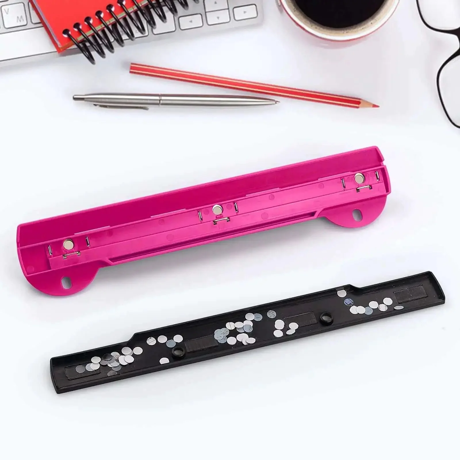 3 Hole Punch For Ring Binders With Built In Ruler, Handy Portable Paper Puncher, 5 Sheets Capacity, Durable ABS Plastic Construction, Stainless Steel Punch Heads For Clean Holes, Deep Pink No Fuss Office And School Supplies - Image 4