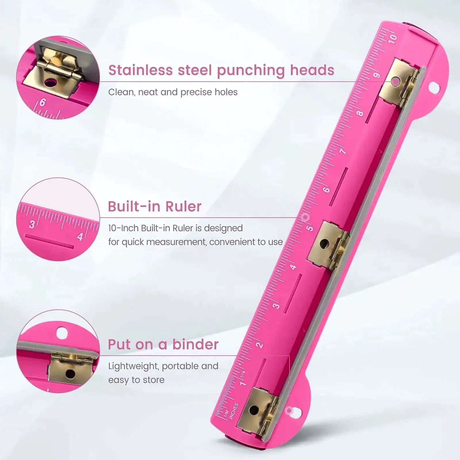 3 Hole Punch For Ring Binders With Built In Ruler, Handy Portable Paper Puncher, 5 Sheets Capacity, Durable ABS Plastic Construction, Stainless Steel Punch Heads For Clean Holes, Deep Pink No Fuss Office And School Supplies - Image 7