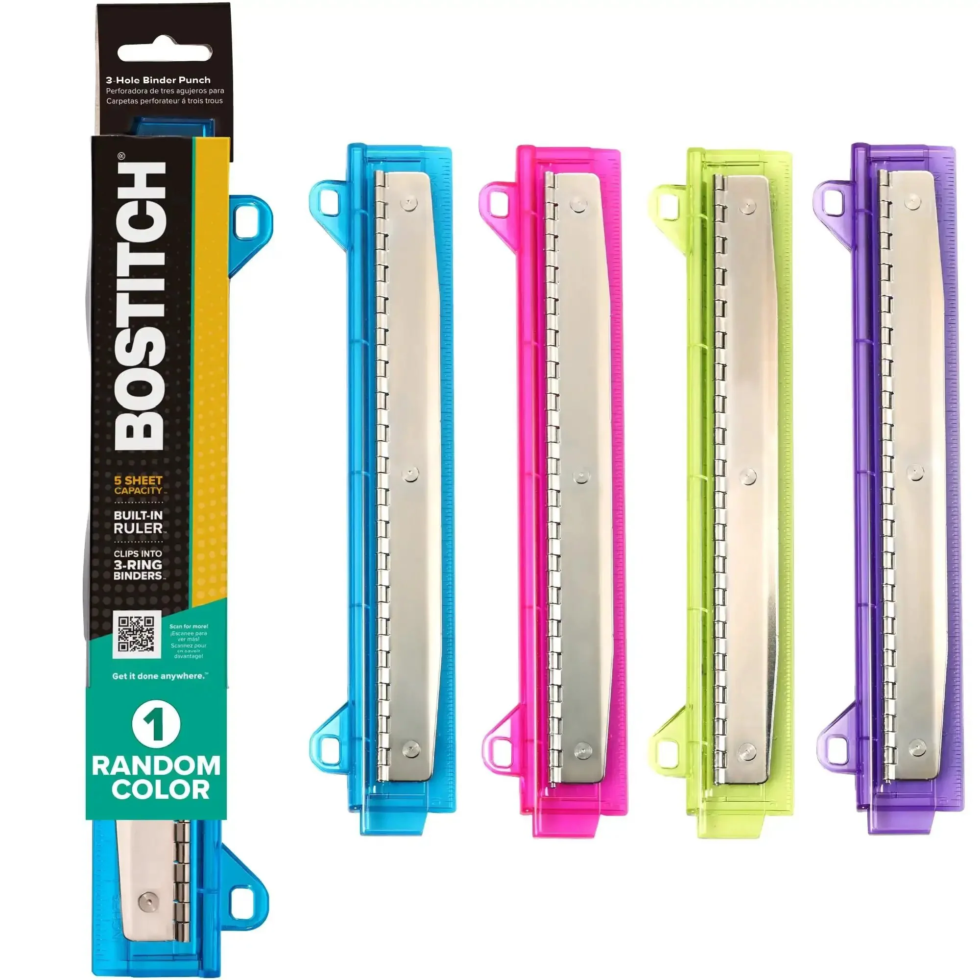 3 Hole Punch For Ring Binders With Integrated Ruler And Five Sheet Capacity Compact Travel Friendly Design In Assorted Colors That Fits Standard Binders And Delivers No Fuss Easy Paper Punching At Home Or In The Office