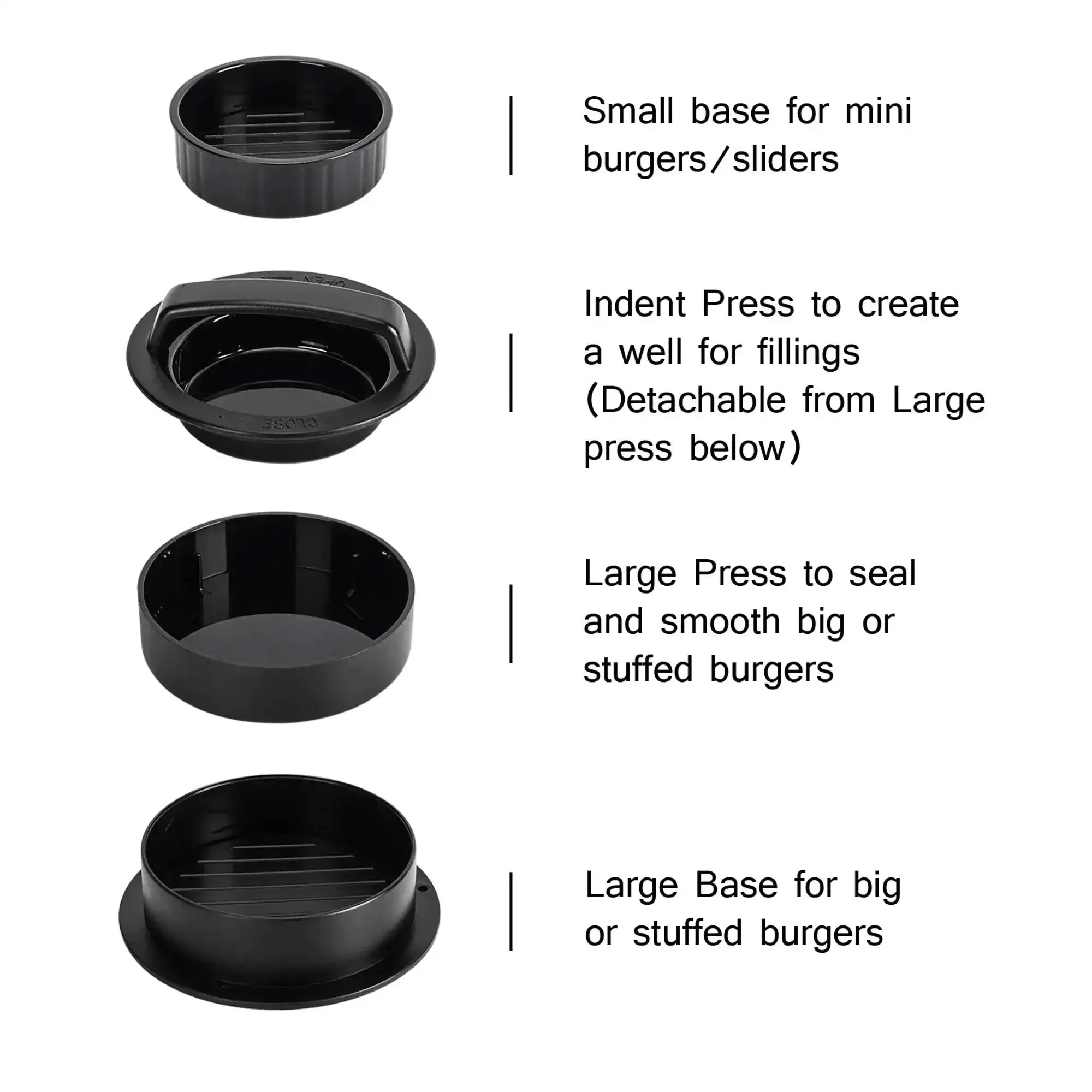 3 In 1 Nonstick Burger Press For Stuffed Patties, Sliders And Regular Burgers, Detachable Indent Press For Filling, Small Base For Mini Patties, Large Base For Big Burgers, Easy Release Cookery Mold For Grill And BBQ - Image 6