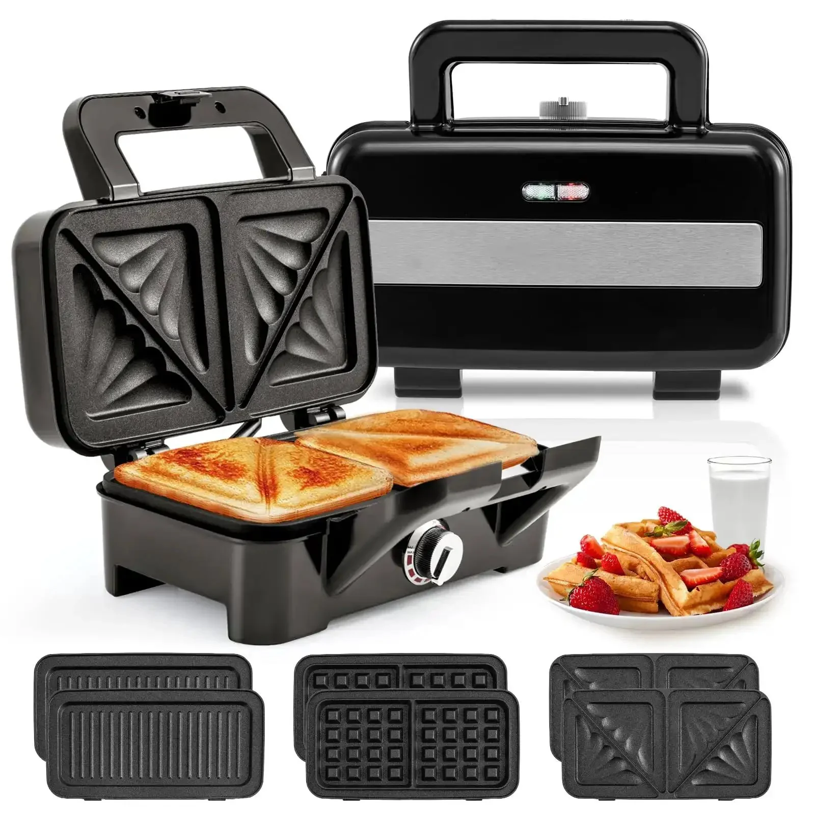 3 In 1 Sandwich Maker Waffle Maker With Removable Plates And Panini Press, 1200W, Five Gear Temperature Control, Nonstick Coating, Cool Touch Handle, Indicator Lights, A Versatile Breakfast Station For Quick And Crispy Meals