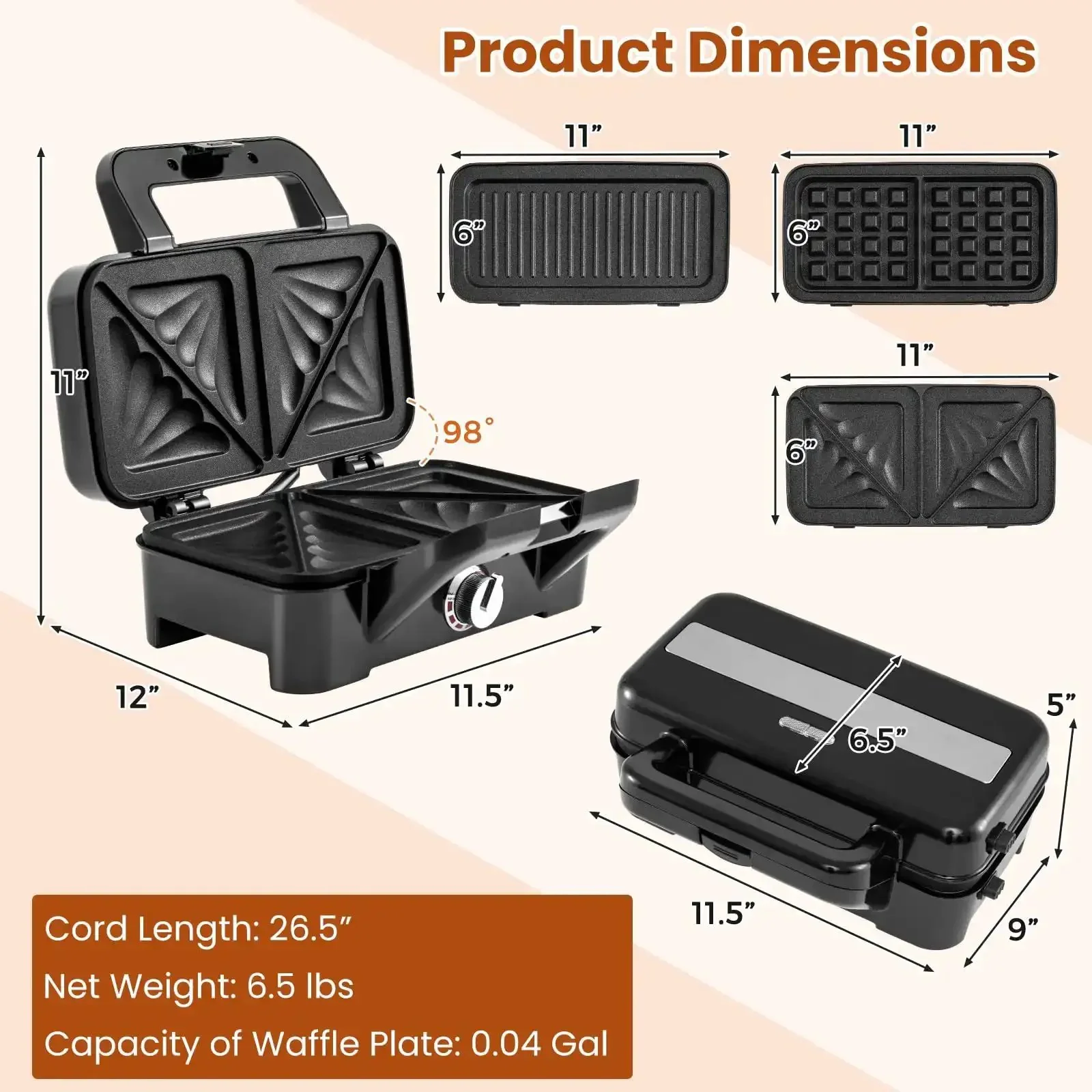 3 In 1 Sandwich Maker Waffle Maker With Removable Plates And Panini Press, 1200W, Five Gear Temperature Control, Nonstick Coating, Cool Touch Handle, Indicator Lights, A Versatile Breakfast Station For Quick And Crispy Meals - Image 4