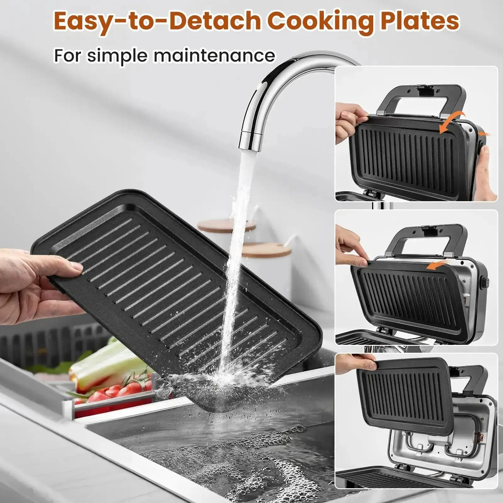 3 In 1 Sandwich Maker Waffle Maker With Removable Plates And Panini Press, 1200W, Five Gear Temperature Control, Nonstick Coating, Cool Touch Handle, Indicator Lights, A Versatile Breakfast Station For Quick And Crispy Meals - Image 6
