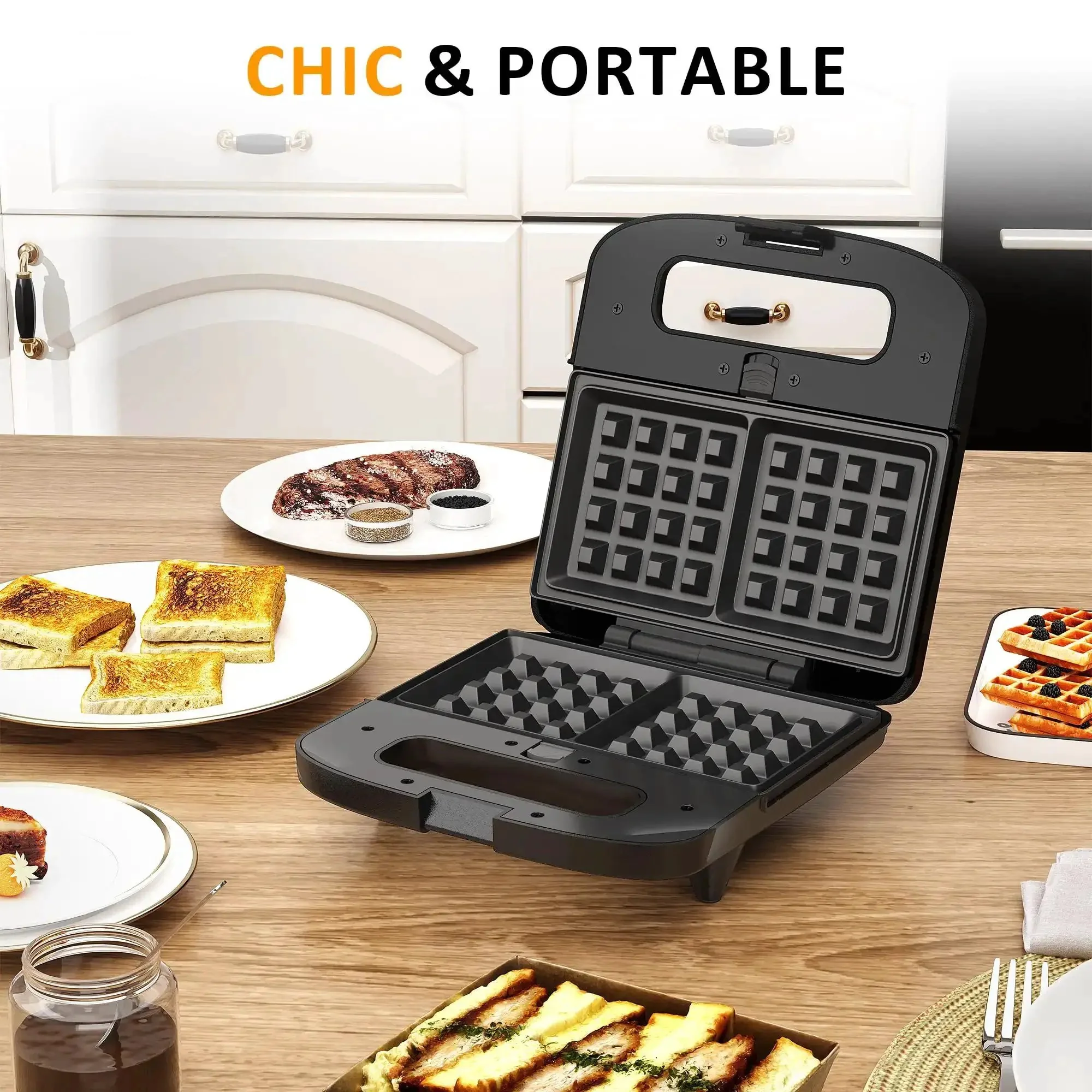 3 In 1 Waffle, Grill And Sandwich Maker With Removable Nonstick Plates, Indicator Lights, 800W Power, Panini Press And Grill For Quick Breakfasts And Easy Meal Prep, Compact Black - Image 4