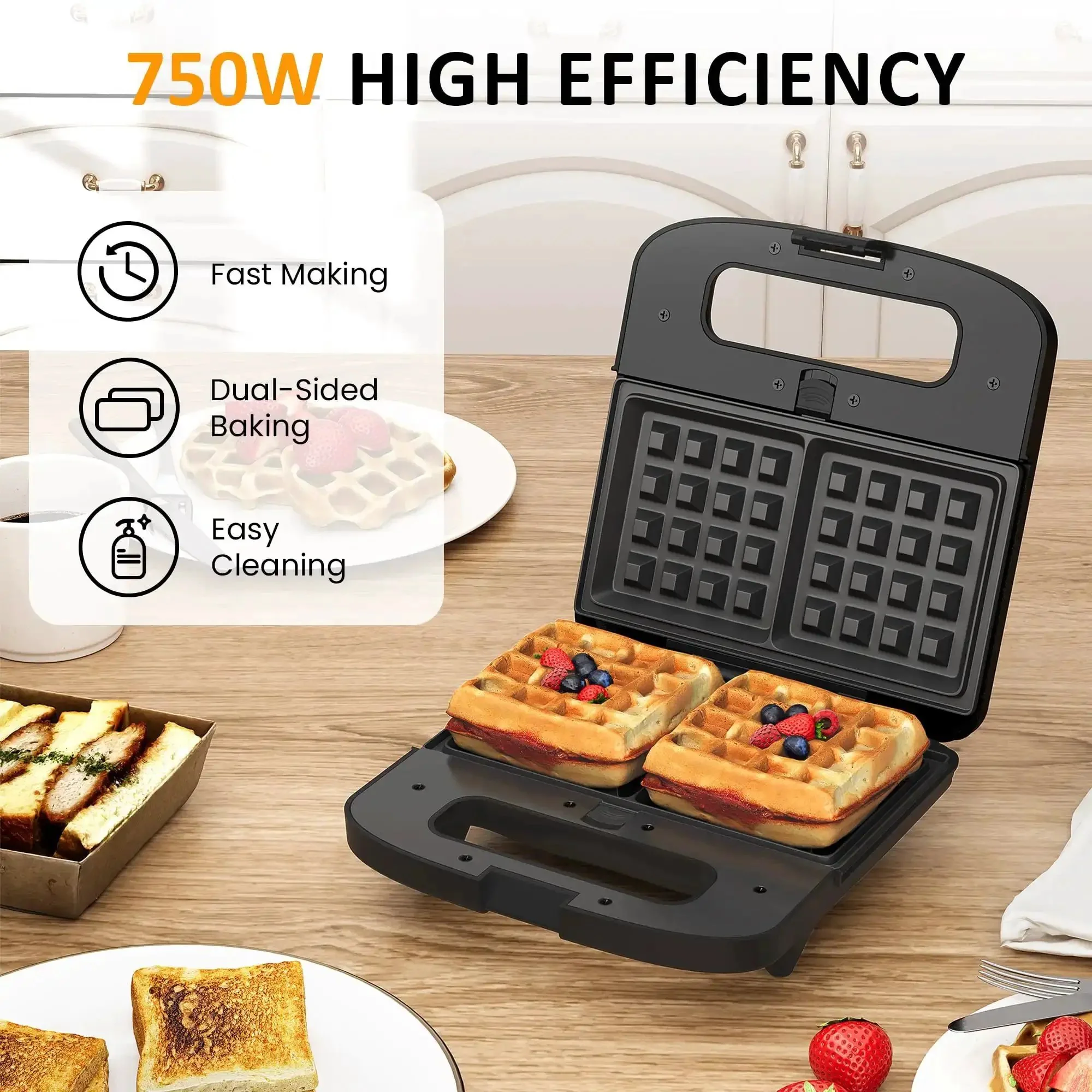 3 In 1 Waffle, Grill And Sandwich Maker With Removable Nonstick Plates, Indicator Lights, 800W Power, Panini Press And Grill For Quick Breakfasts And Easy Meal Prep, Compact Black - Image 8