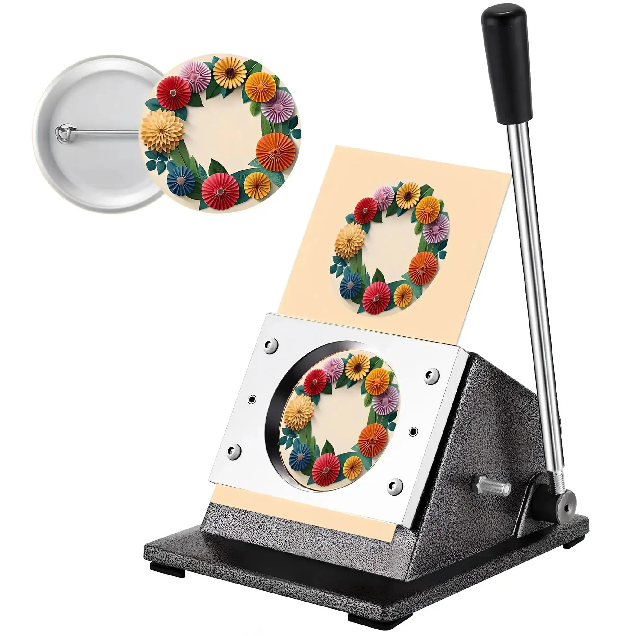 3 Inch Button Cutter Tool Heavy Duty Round Circle Graphic Badge Puncher Die Cutter With Manual Long Lever For DIY Button Making From Materials Under 0.8mm Like A4 Paper Photo Paper Thin Film Cloth Thin Leather Aluminum Not PVC Or Backed Paper