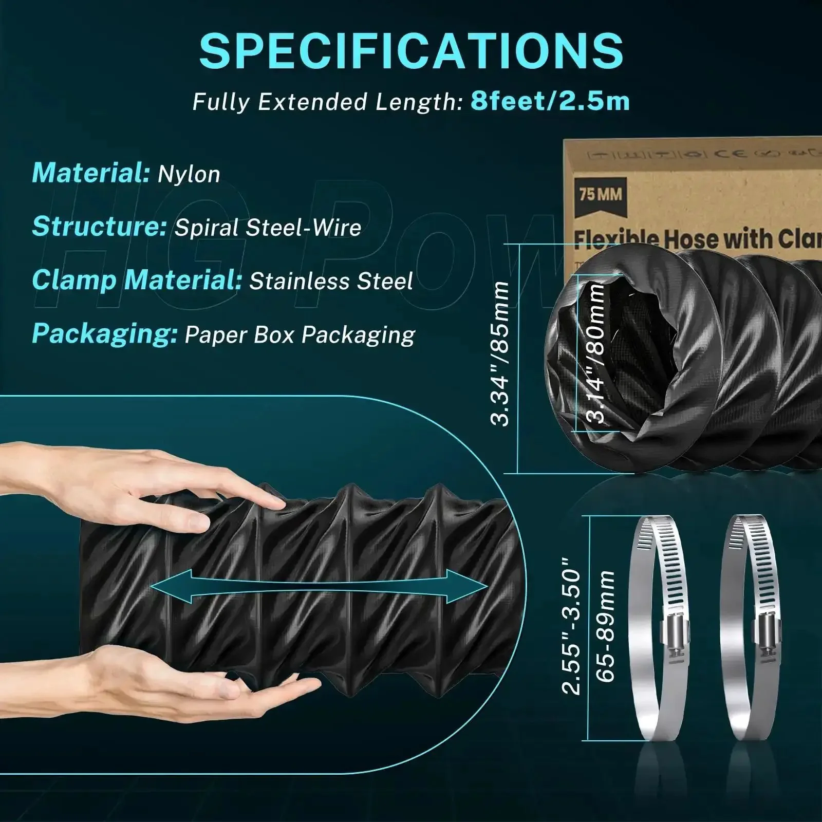 3 Inch Diesel Heater Ducting Hose, 8 Ft Flexible Nylon Exhaust Pipe For Diesel Heaters, RV Tent Truck Camping, High Heat Nylon Air Ducting, Durable Flexible Vent Pipe With Easy Clamp Install For Safe Exhaust - Image 5