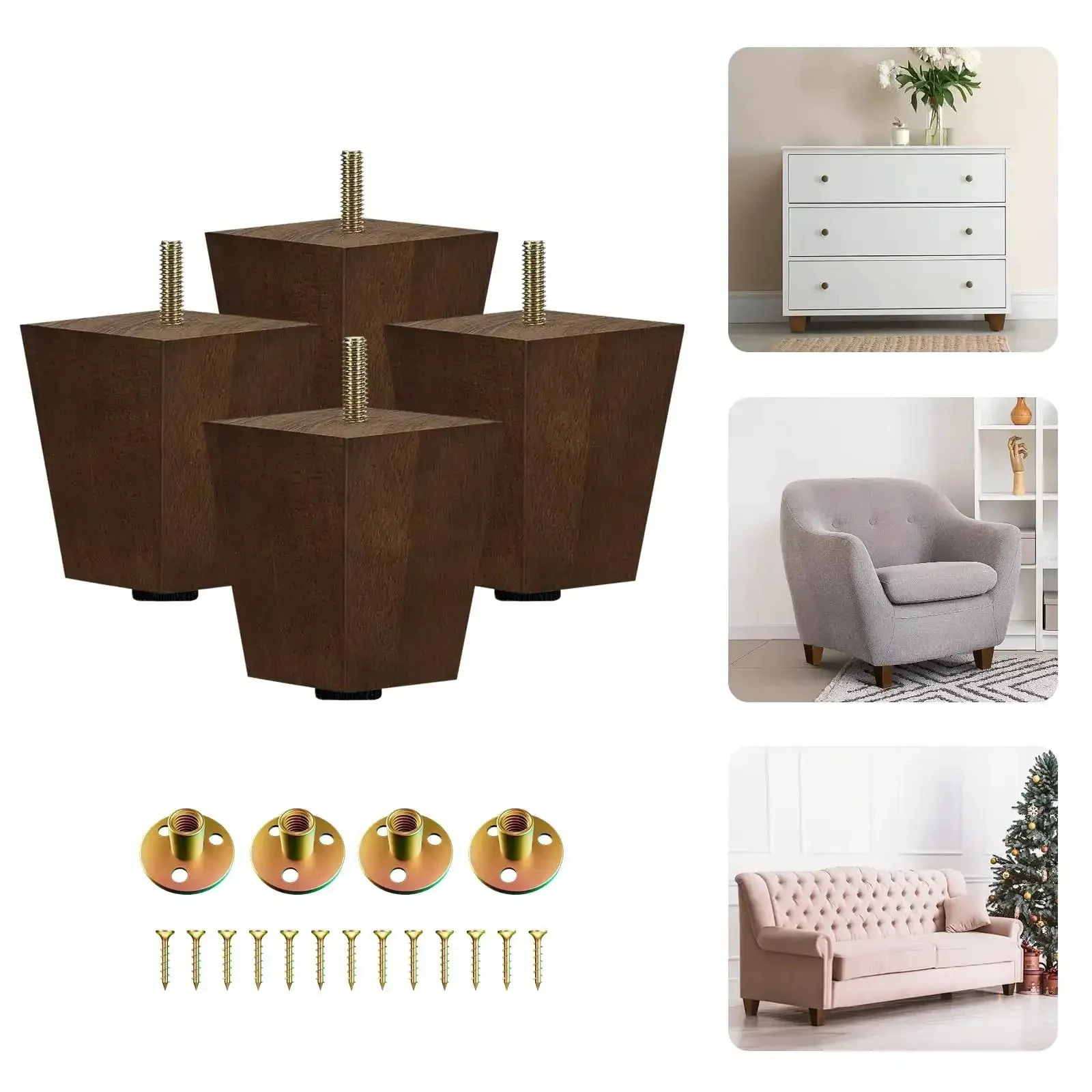 3 Inch Square Wood Furniture Legs Set Of 4 With Levelers, Adjustable Tapered Replacement Feet For Sofa, Couch, Ottomans, Tables And Chairs Brown Walnut Solid Wood Finish