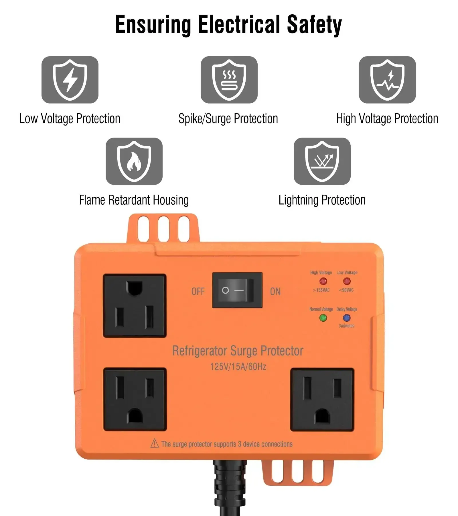 3 Outlet Refrigerator Surge Protector With Time Delay And 3000J Voltage Protection For Home Appliances Guards Against Brownouts, Spikes, And Instant Surges With 14 AWG Power Cord 2 Feet - Image 6