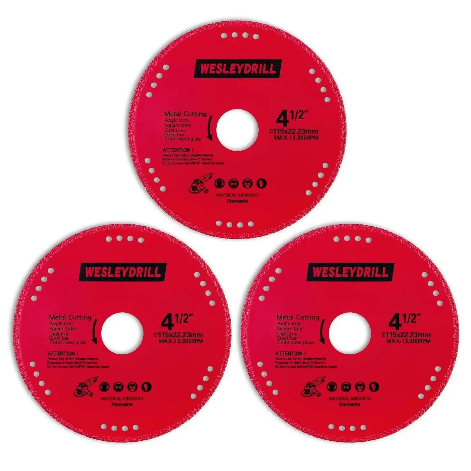 3 Pack 4.5 Inch Diamond Cutting Off Wheels Set For Seven Eighths Inch Arbor, Heavy Duty Multi Purpose Metal Cutter Discs For Angle Grinders, Steel, Iron, Sheet Metal With Max RPM 13200