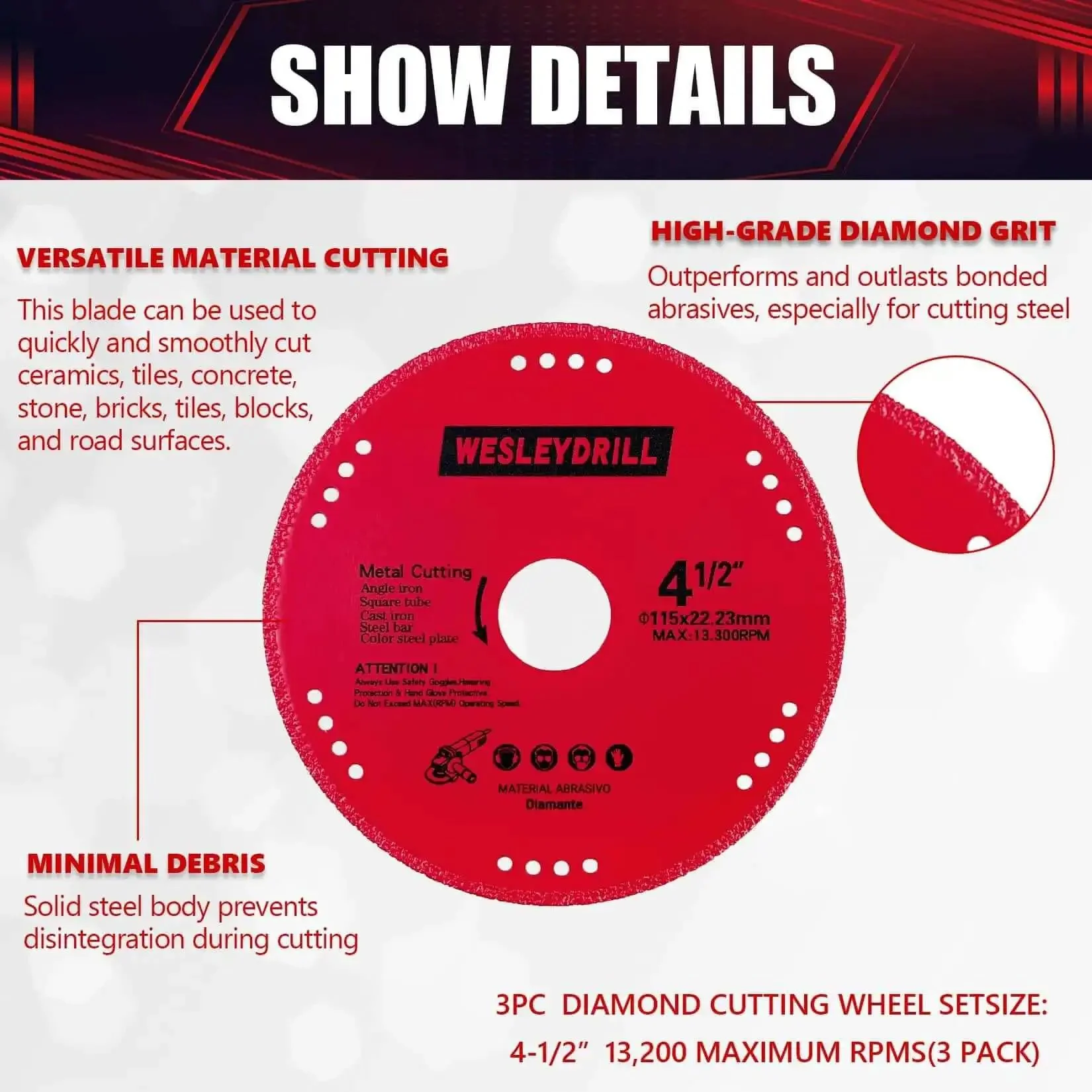 3 Pack 4.5 Inch Diamond Cutting Off Wheels Set For Seven Eighths Inch Arbor, Heavy Duty Multi Purpose Metal Cutter Discs For Angle Grinders, Steel, Iron, Sheet Metal With Max RPM 13200 - Image 6