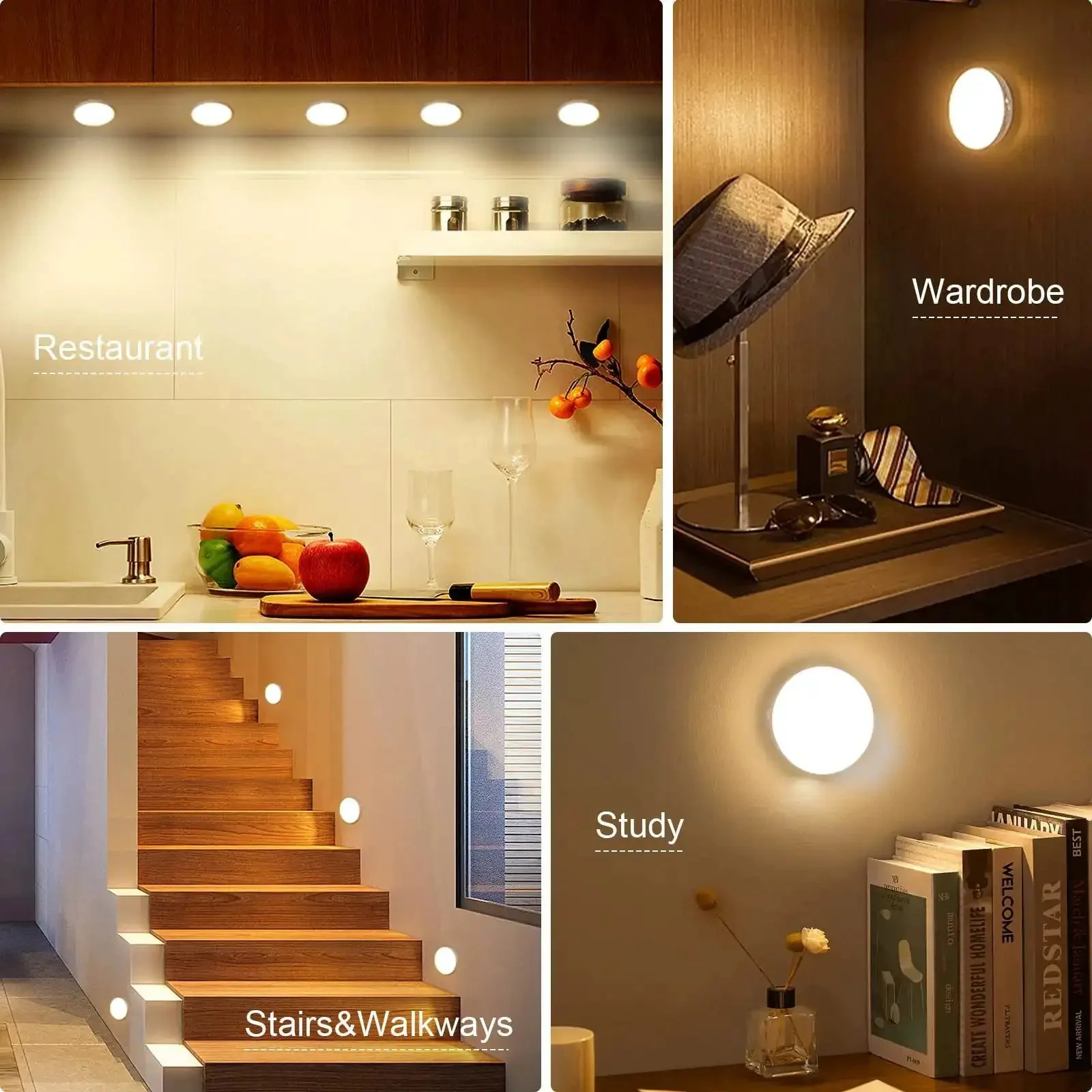 3 Pack Motion Sensor LED Night Lights With USB Rechargeable Battery, 8 LEDs, Magnetic Patch, 3 Modes, Cordless Wall Light For Kitchen, Shelves, Drawers, 3000K Warm White - Image 3