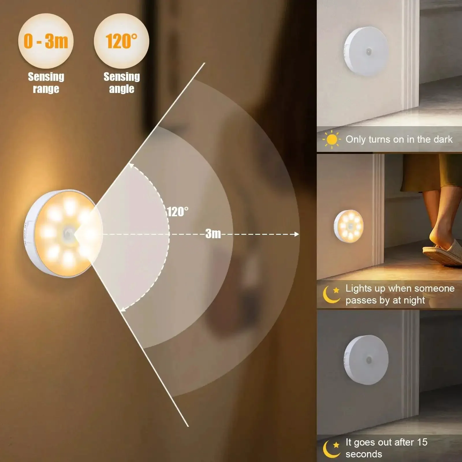 3 Pack Motion Sensor LED Night Lights With USB Rechargeable Battery, 8 LEDs, Magnetic Patch, 3 Modes, Cordless Wall Light For Kitchen, Shelves, Drawers, 3000K Warm White - Image 4