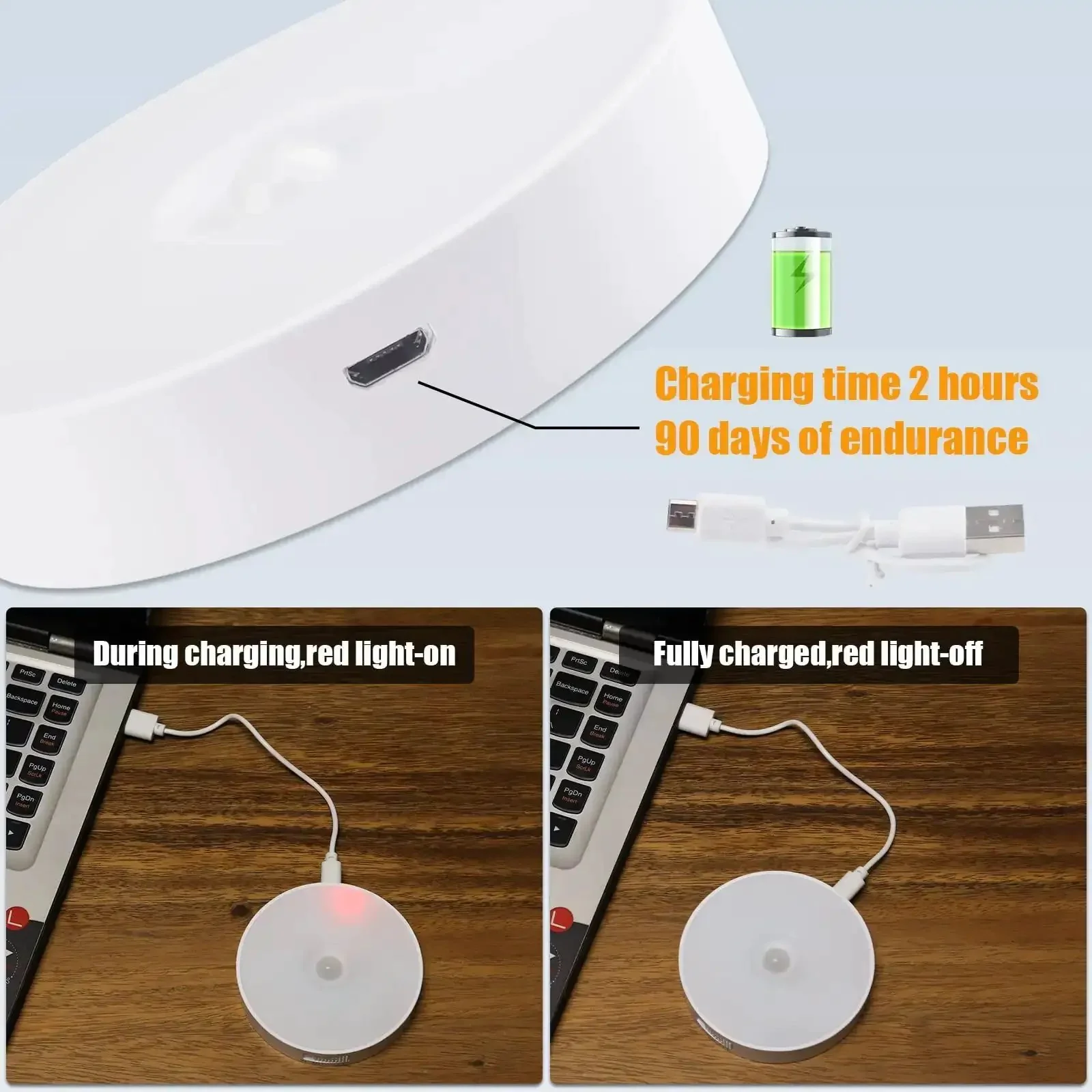 3 Pack Motion Sensor LED Night Lights With USB Rechargeable Battery, 8 LEDs, Magnetic Patch, 3 Modes, Cordless Wall Light For Kitchen, Shelves, Drawers, 3000K Warm White - Image 6