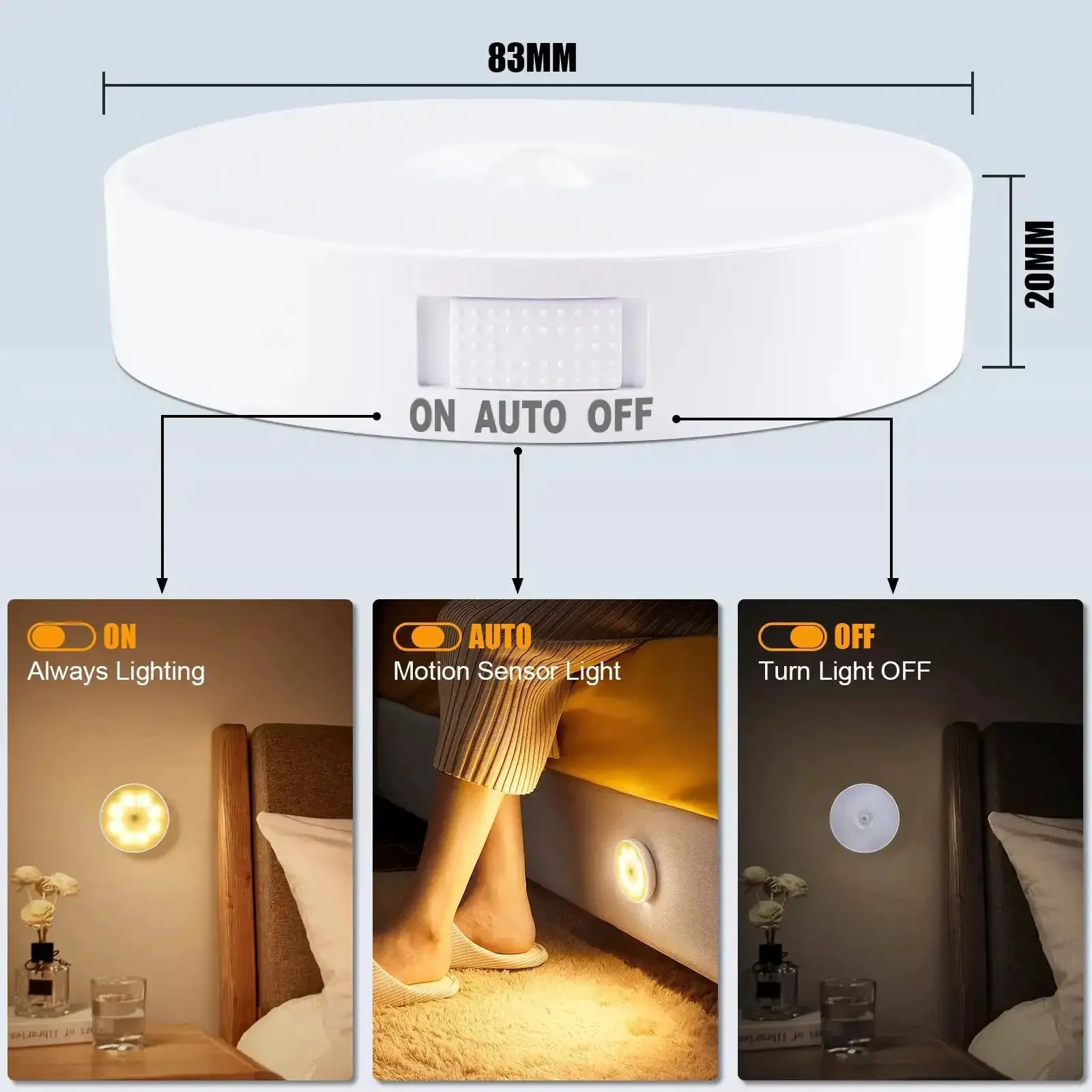 3 Pack Motion Sensor LED Night Lights With USB Rechargeable Battery, 8 LEDs, Magnetic Patch, 3 Modes, Cordless Wall Light For Kitchen, Shelves, Drawers, 3000K Warm White - Image 7