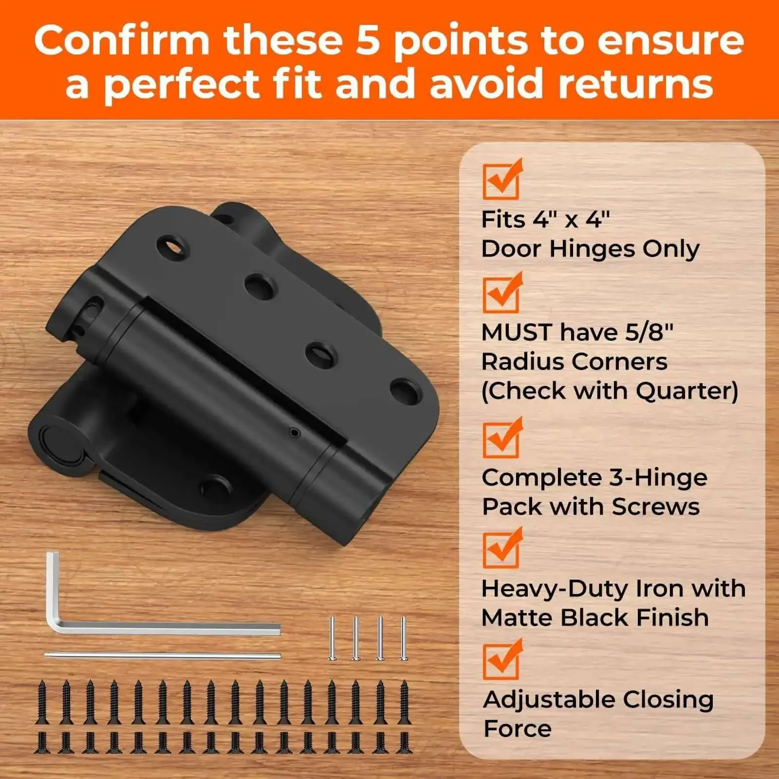 3 Pack Self Closing Door Hinges 4 Inch Black Spring Hinge With 5 Eighths Inch Radius Corner Adjustable Tension For Residential And Heavy Duty Door Hardware - Image 7
