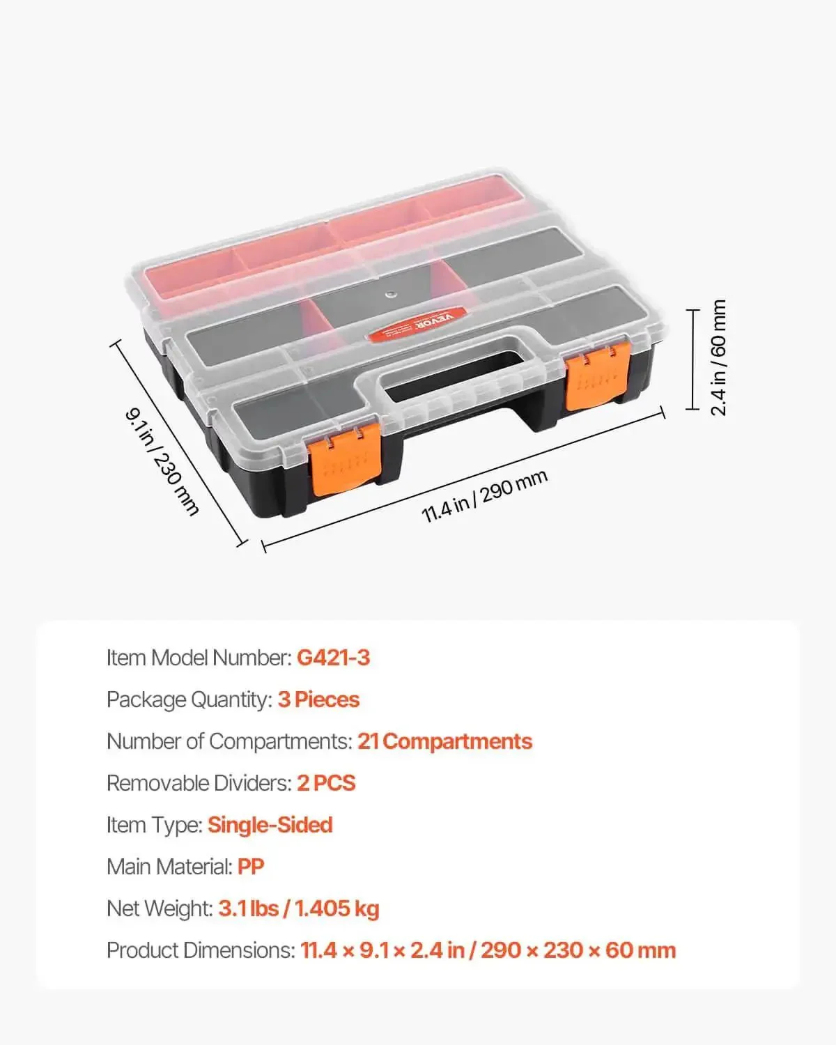 3-Pack Small Parts Organizer Case Set With 21 Compartments, Removable Dividers, Grab-And-Go Portable Handle, Safety Latch, Heavy-Duty Plastic Hardware Storage Box For Nuts, Bolts, Screws, Nails, Fishing Tackle, Beads, Jewelry, And Craft Supplies - Image 7
