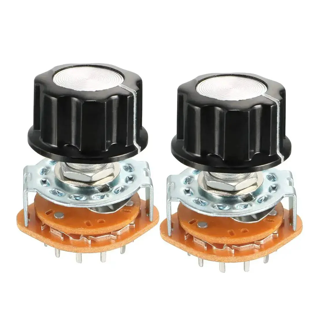 3 Pole 4 Throw Rotary Switch With Band Selector, Single Deck, Black Plastic Knob, 9mm Mount Hole, 15 Pins, Nut Included, Two Pieces Pack For DIY Electronics Projects