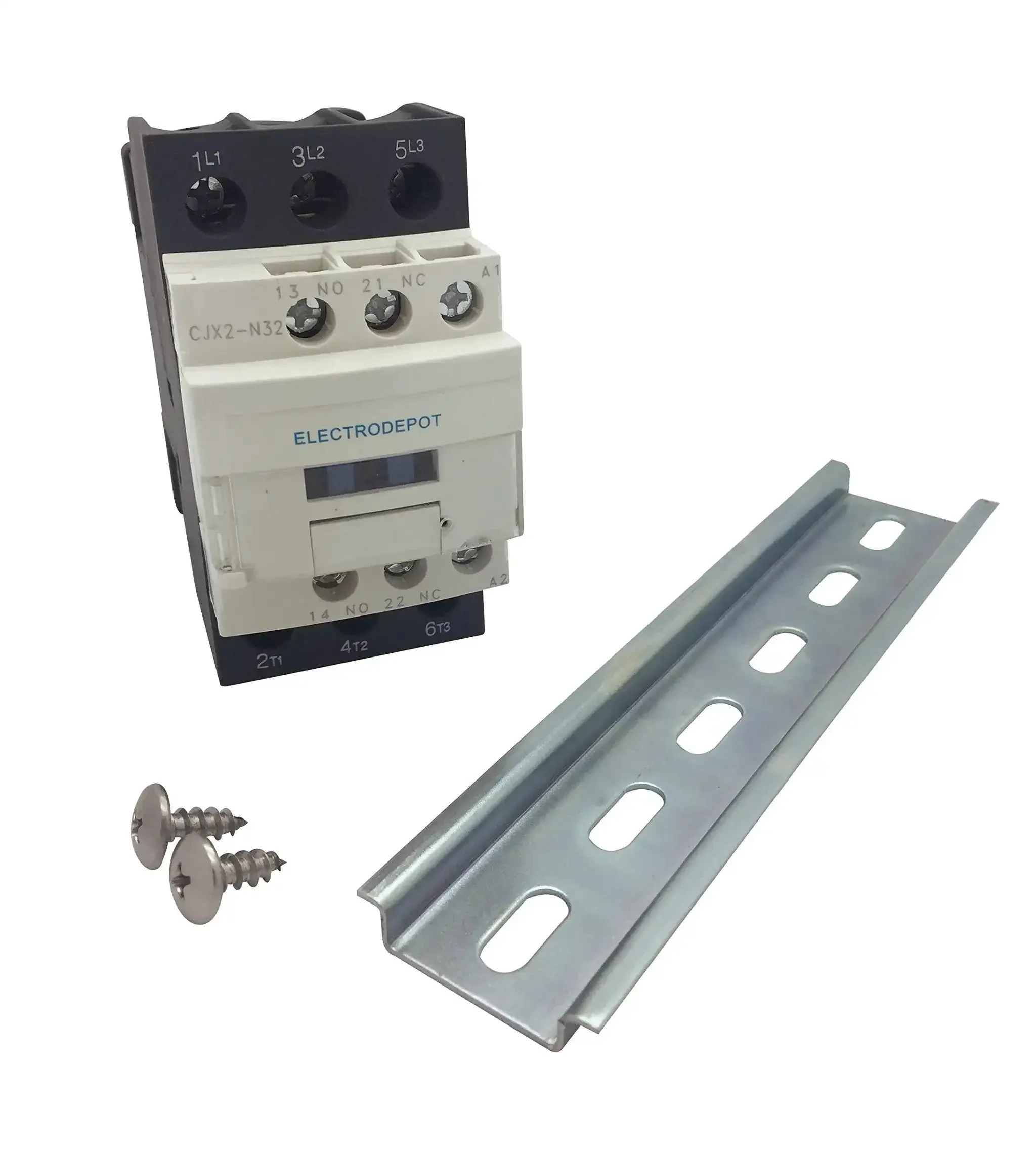 30 Amp 3 Pole Contactor Bundle With 110 To 120V Coil, Handles Motor Load 32A And Lighting 40A, Includes Slotted Steel Zinc Plated DIN Rail And Two Stainless Steel Truss Head Screws, Ready To Drop In For Industrial Control Panel Power