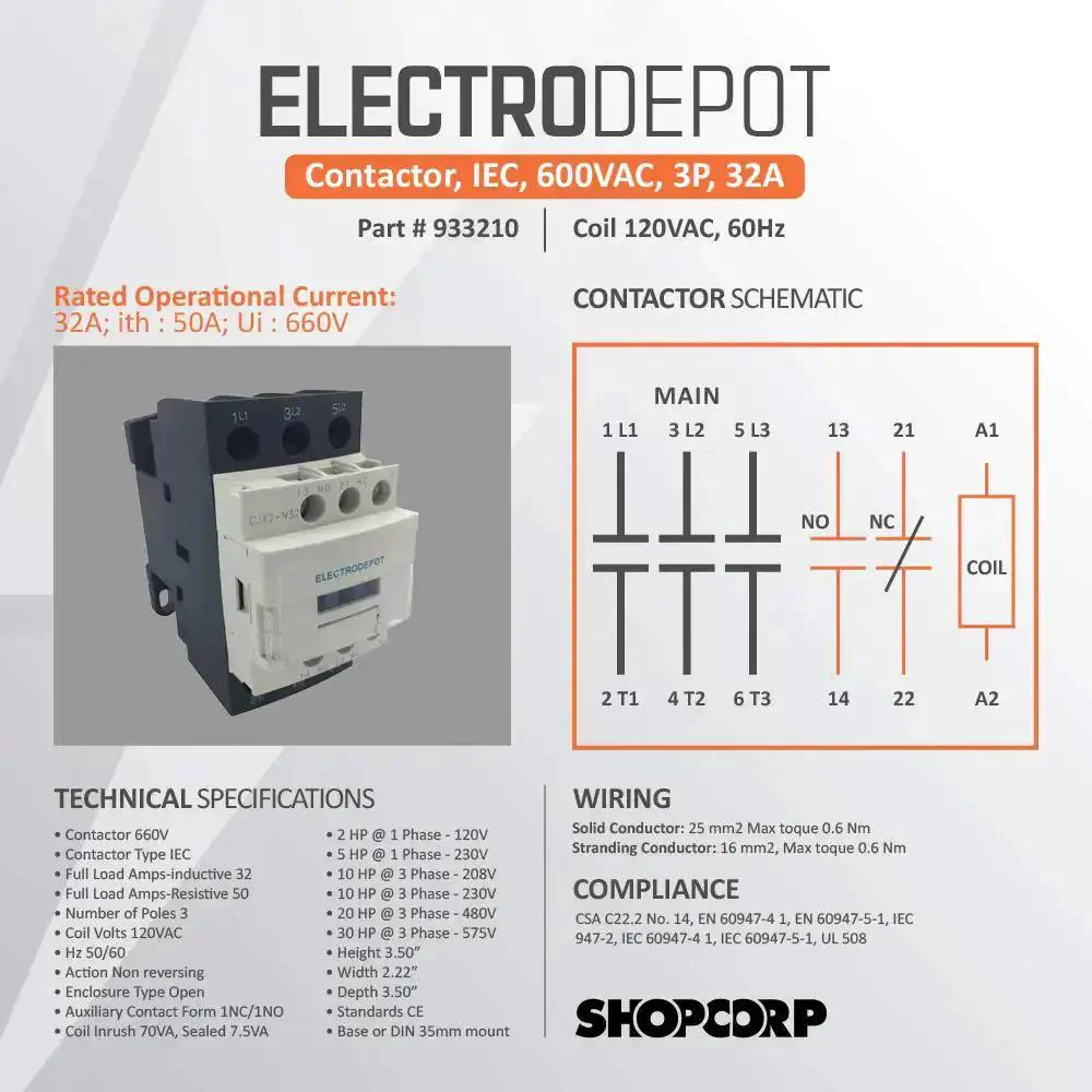 30 Amp 3 Pole Contactor Bundle With 110 To 120V Coil, Handles Motor Load 32A And Lighting 40A, Includes Slotted Steel Zinc Plated DIN Rail And Two Stainless Steel Truss Head Screws, Ready To Drop In For Industrial Control Panel Power - Image 2