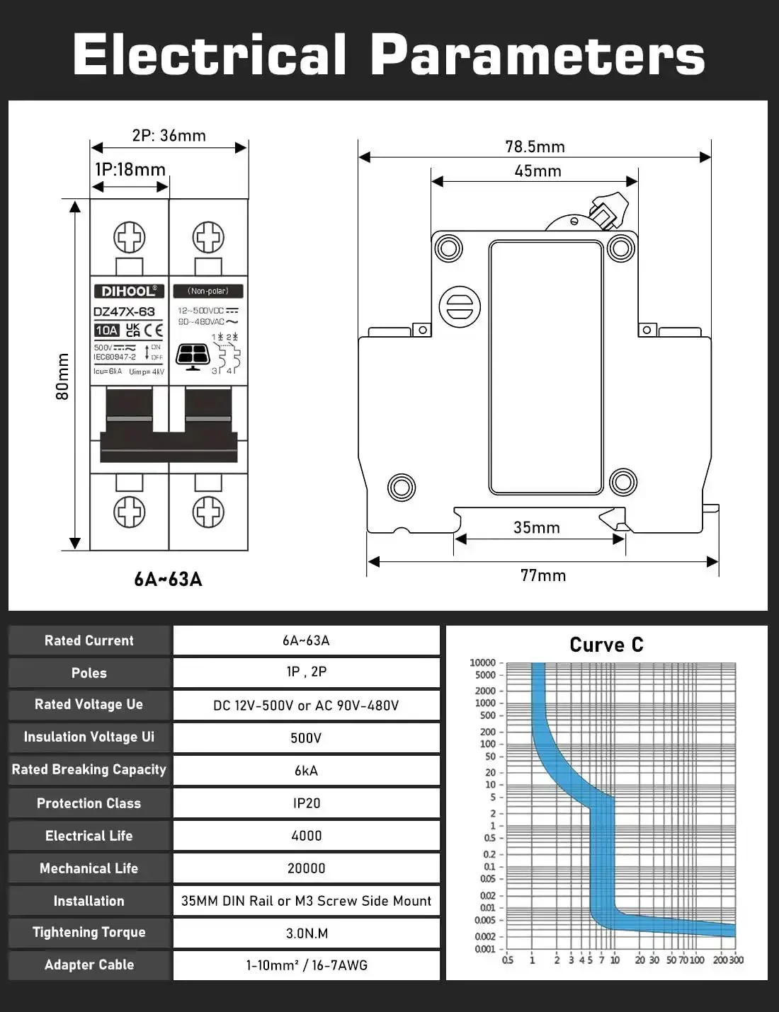 30 Amp Two Pole Solar Disconnect Switch With DIN Rail Mount For 12V 24V 48V And 400V Systems AC DC Circuit Breaker RV Battery Isolator PV Array MCB Thermal Magnetic Trip Arc Squelching Magnet - Image 9
