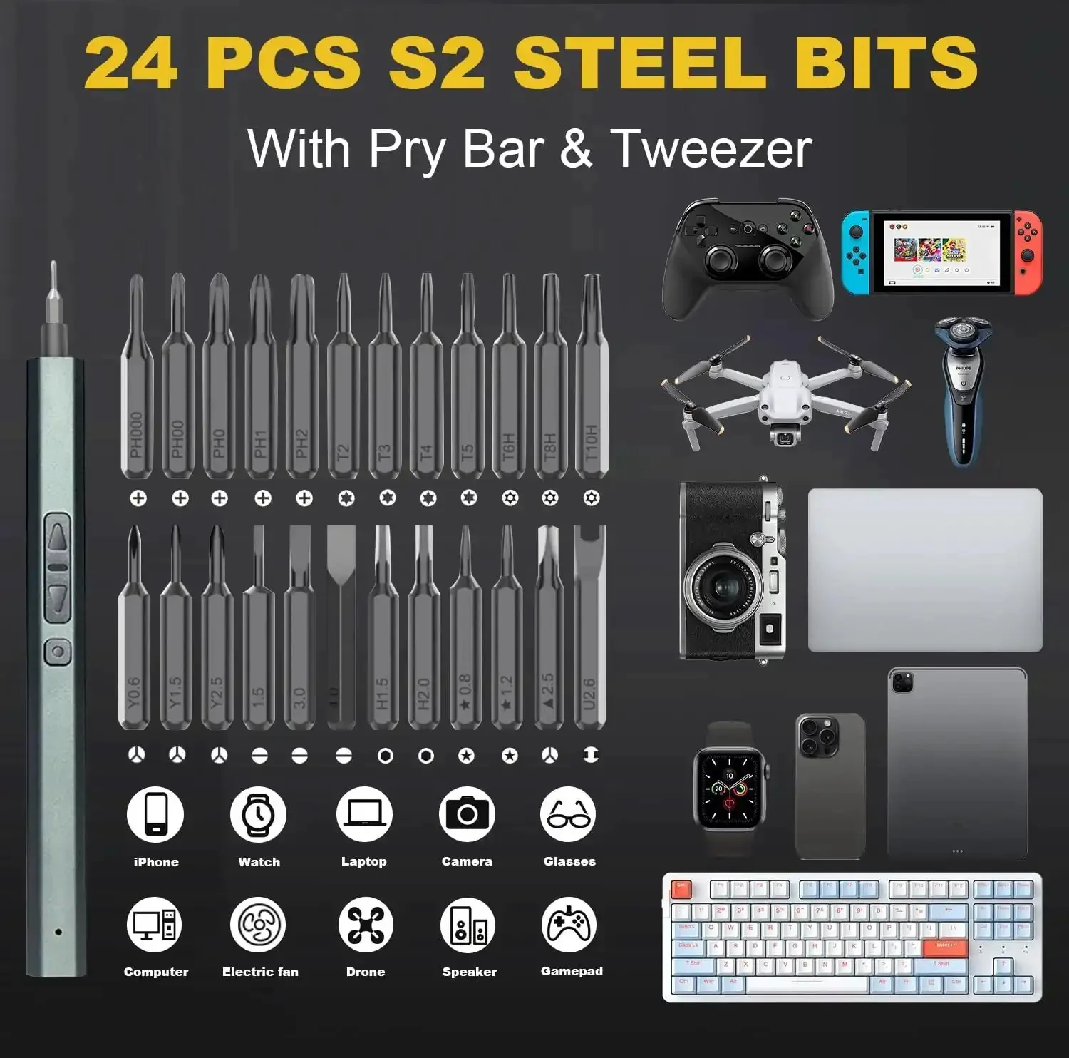 30 In 1 Electric Screwdriver Kit With 24 Magnetic S2 Steel Bits And 3 LED Lights, Precision Cordless Repair Tool For Phones, Cameras, Laptops And Watches, High Torque, 200 RPM, Easy One Handed Tightening - Image 8