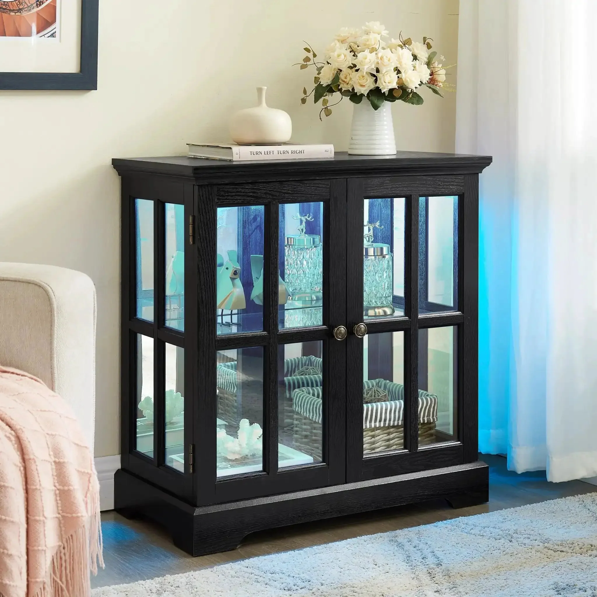 30 Inch Glass Curio Display Cabinet With LED Lighting Modern Two Lattice Doors Tableware Display Sideboard With Adjustable Shelves Cool Retro Style Chic Quality Showcase Bookcase For Home Black
