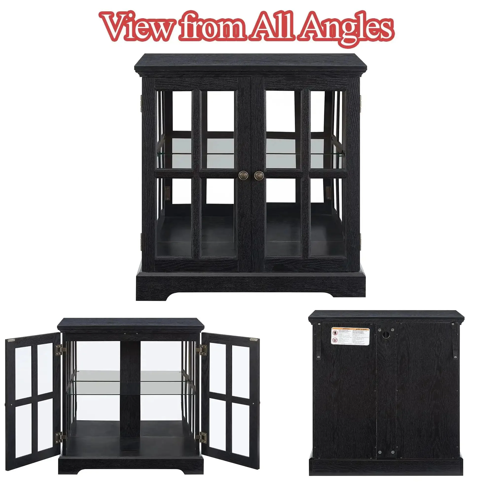30 Inch Glass Curio Display Cabinet With LED Lighting Modern Two Lattice Doors Tableware Display Sideboard With Adjustable Shelves Cool Retro Style Chic Quality Showcase Bookcase For Home Black - Image 2