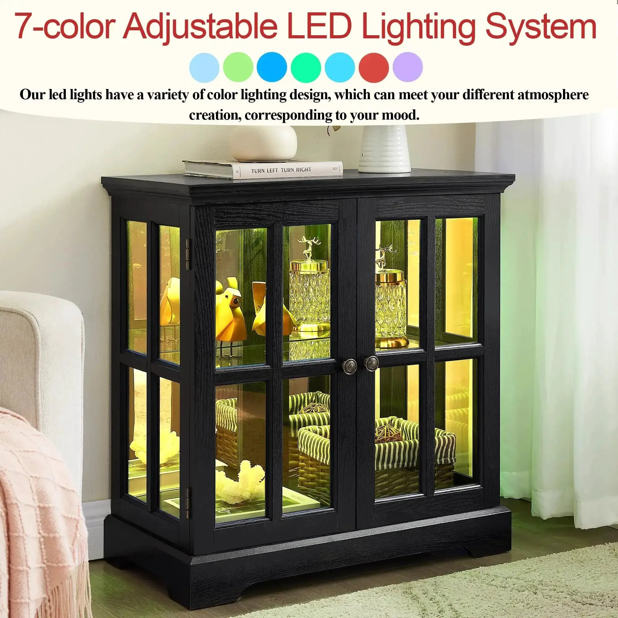 30 Inch Glass Curio Display Cabinet With LED Lighting Modern Two Lattice Doors Tableware Display Sideboard With Adjustable Shelves Cool Retro Style Chic Quality Showcase Bookcase For Home Black - Image 6
