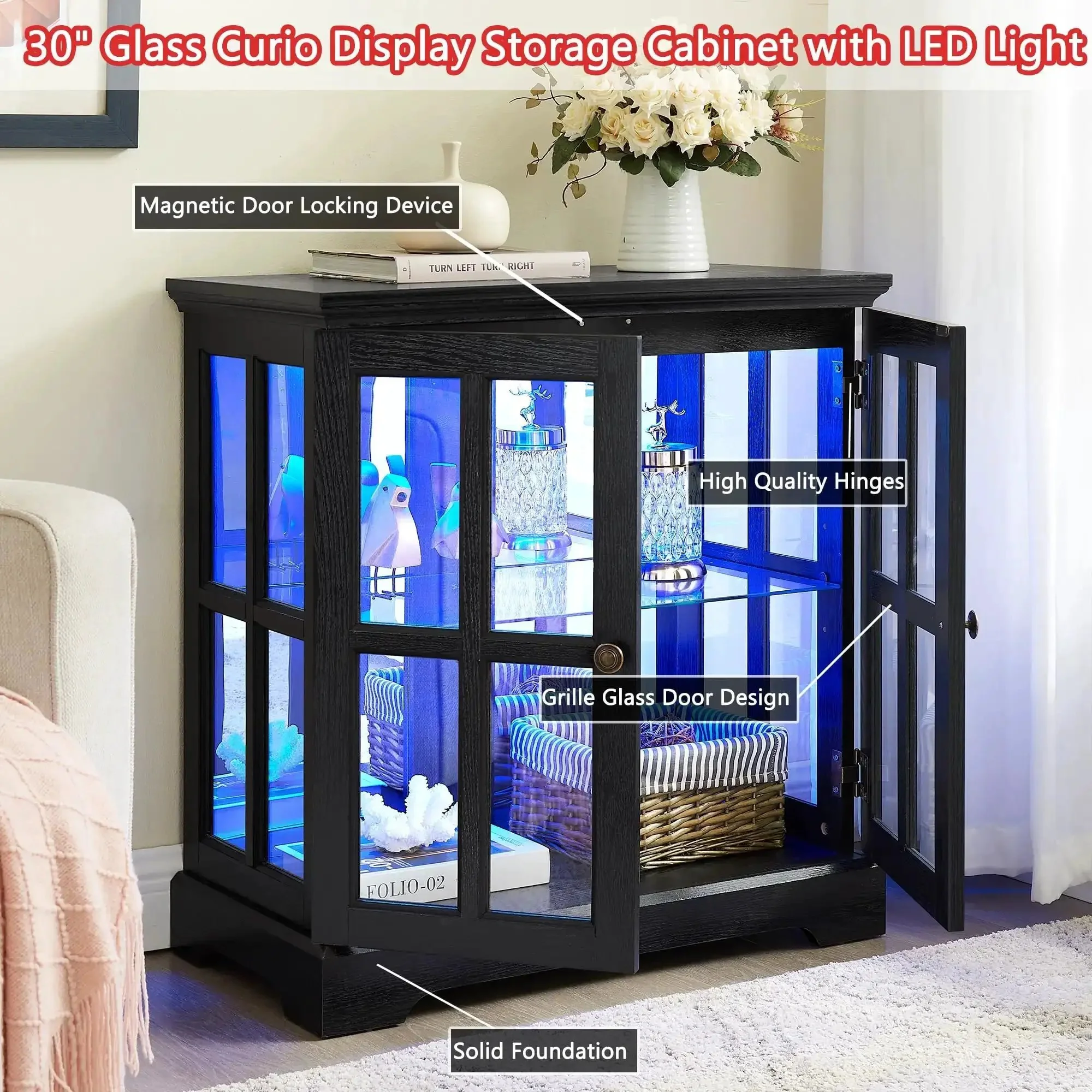 30 Inch Glass Curio Display Cabinet With LED Lighting Modern Two Lattice Doors Tableware Display Sideboard With Adjustable Shelves Cool Retro Style Chic Quality Showcase Bookcase For Home Black - Image 7