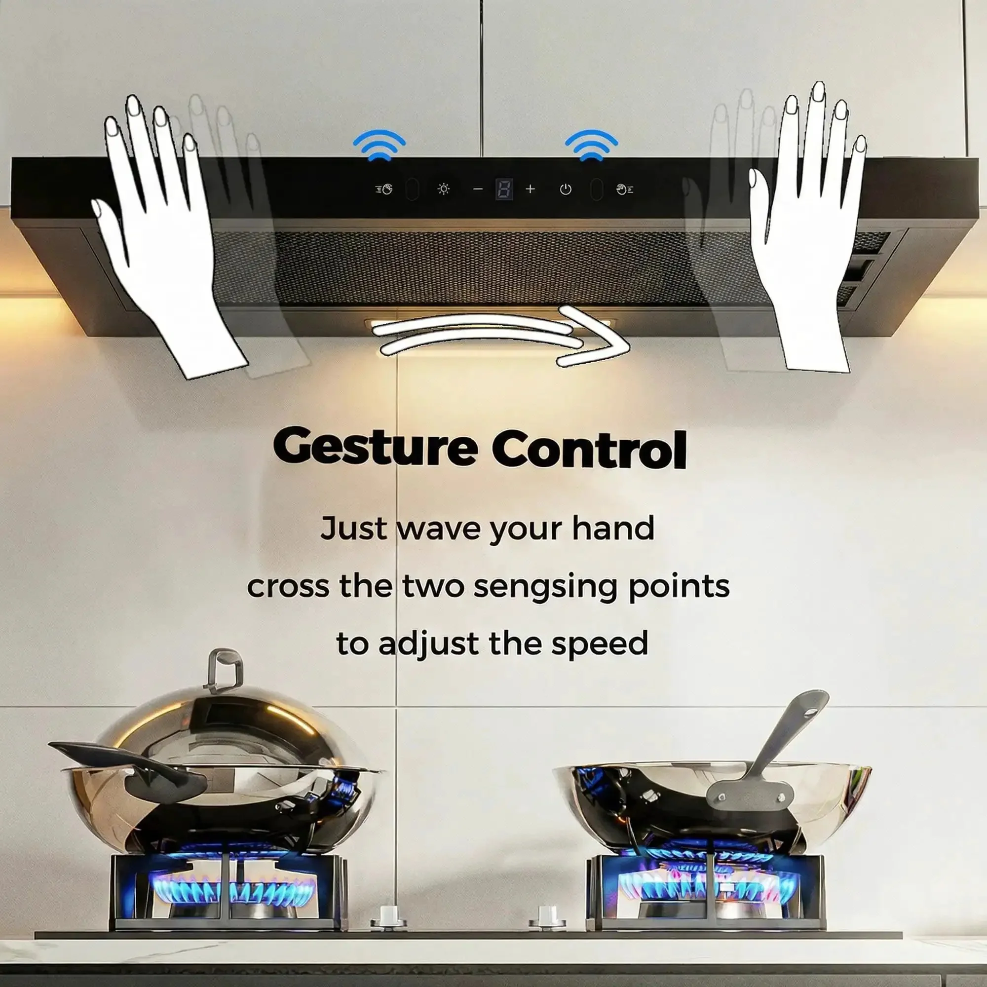 30 Inch Under Cabinet Range Hood With 750 CFM Power, Three Speed Gesture Sensing And Touch Control, Stainless Steel Vent Hood, Pull Out Panel For Space Saving, LED Lights, And Two Aluminum Filters - Image 7