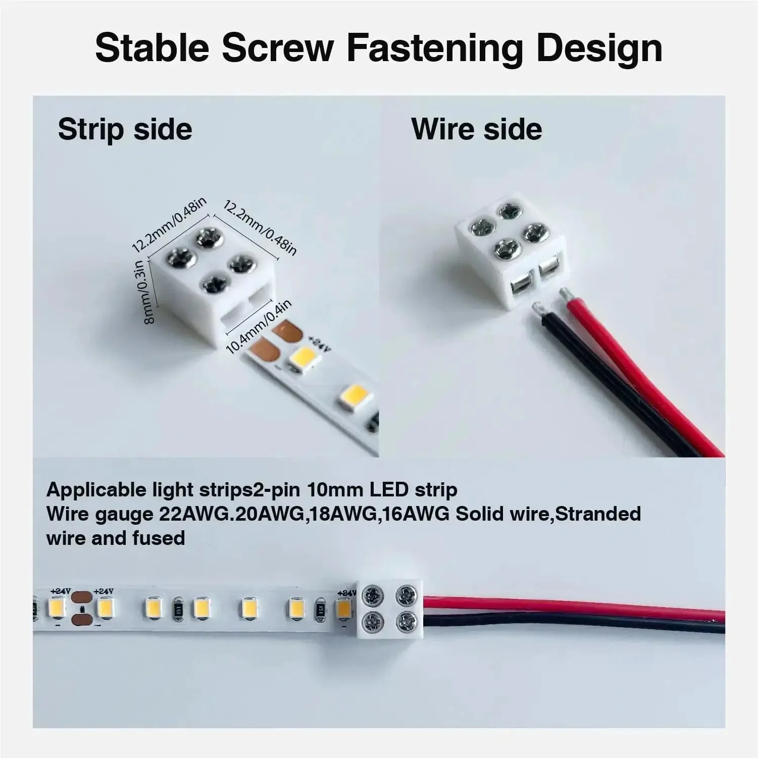 30 Pack Solderless LED Tape Light Connectors With Screw Terminal Blocks 2 Pin 10mm, Includes Screwdriver, Wire To COB Strip Connector, For 5V 12V 24V Monochrome Low Voltage LED Strips, IP65 Waterproof, Quick Easy Install - Image 4