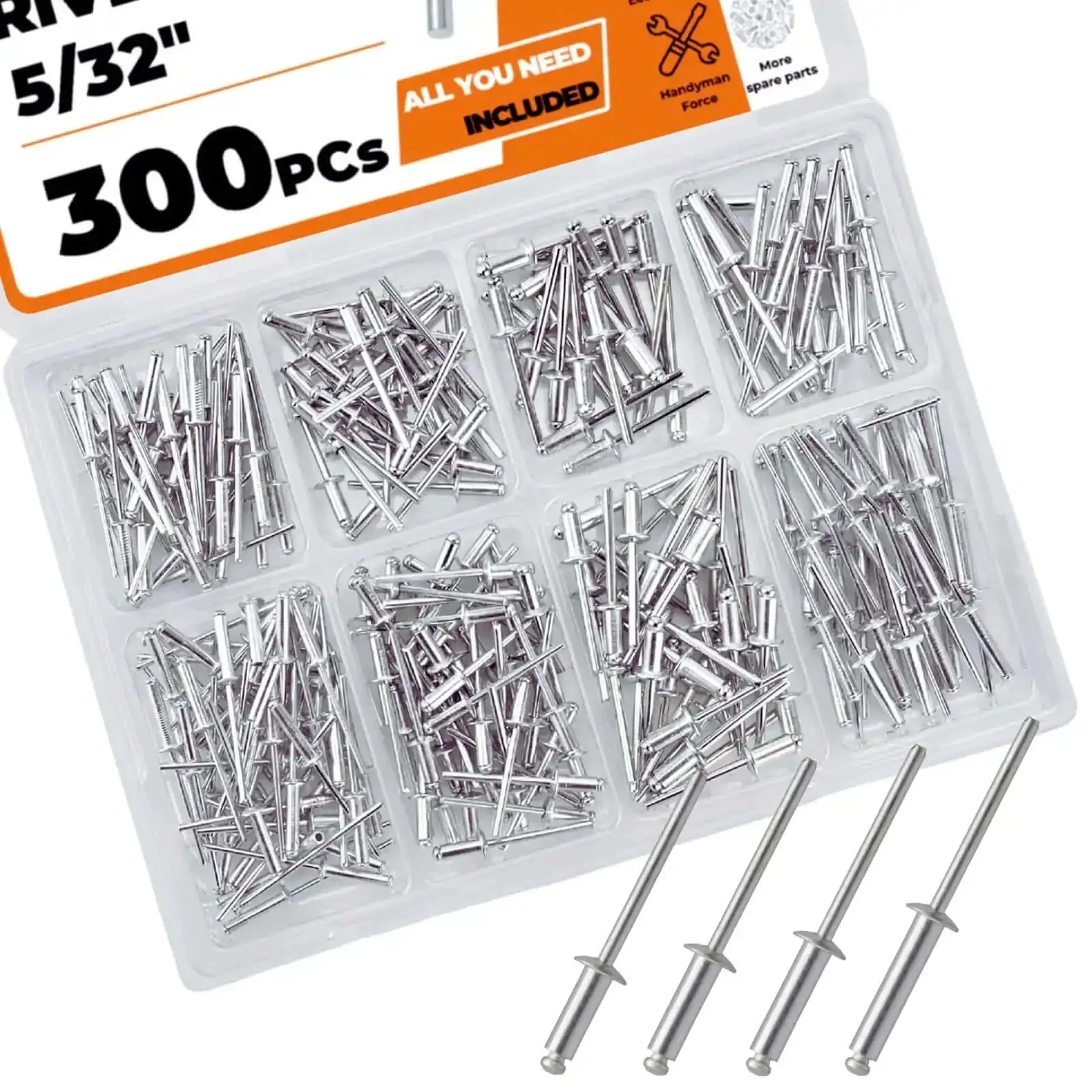 300 Piece 5/32 Inch Aluminum Blind Rivets Kit With Four Lengths 1/4 5/16 3/8 1/2 Inch Dome Head Open End Rivets Steel Mandrel Rust Resistant For Auto Repair Metal Fabrication DIY Projects