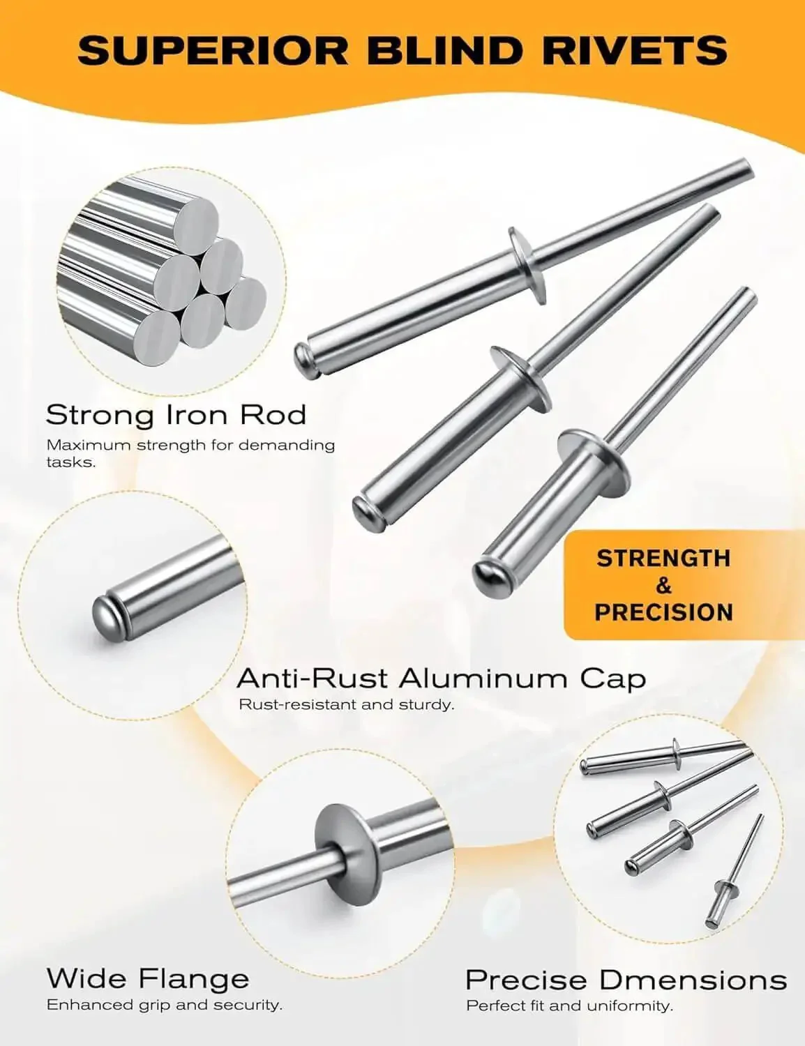 300 Piece 5/32 Inch Aluminum Blind Rivets Kit With Four Lengths 1/4 5/16 3/8 1/2 Inch Dome Head Open End Rivets Steel Mandrel Rust Resistant For Auto Repair Metal Fabrication DIY Projects - Image 5