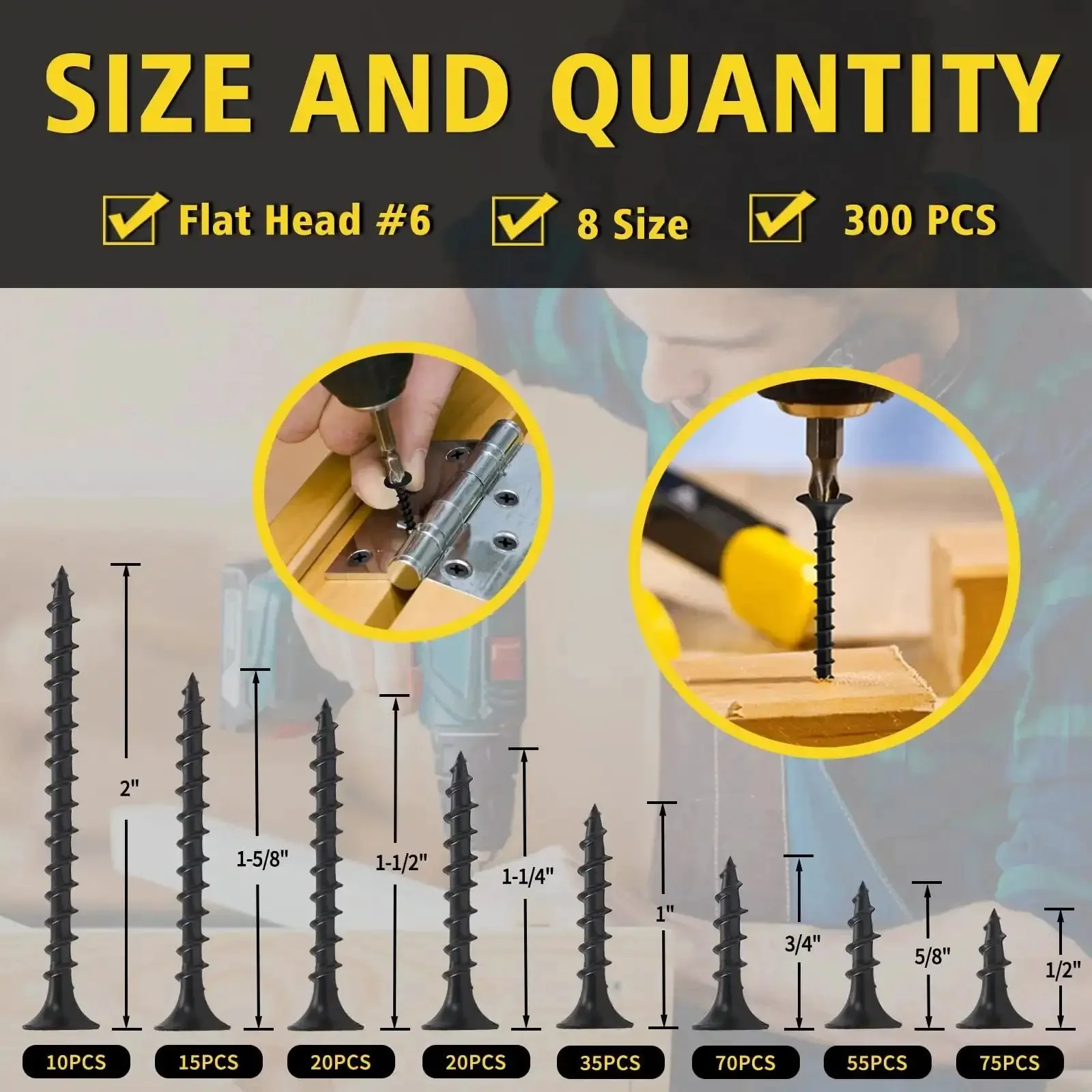300 Piece Drywall And Wood Screws Assortment Kit With Flat Head Coarse Thread Phillips Drive Black Finish DIY Friendly Eight Sizes From Two Inch To One Half Inch - Image 4