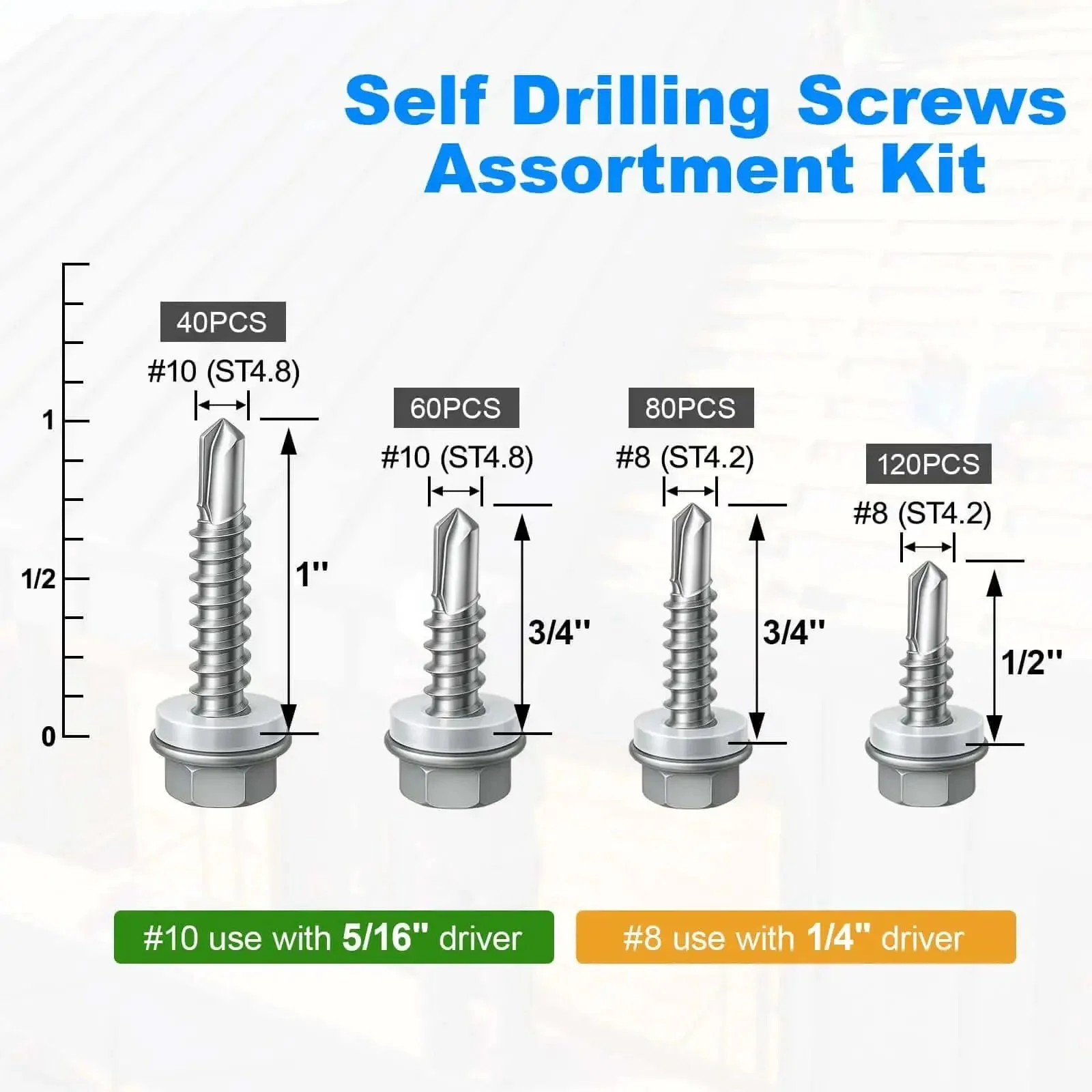 300 Piece Self Tapping Screws Assortment Kit Self Drilling For Metal Sheet Metal Screws With Hex Washer Head Rust Resistant Ruspert Coated Built For Indoor Outdoor Use Sizes Eight And Half Inch Three Quarter Inch Ten And Three Quarter Inch One Inch - Image 7