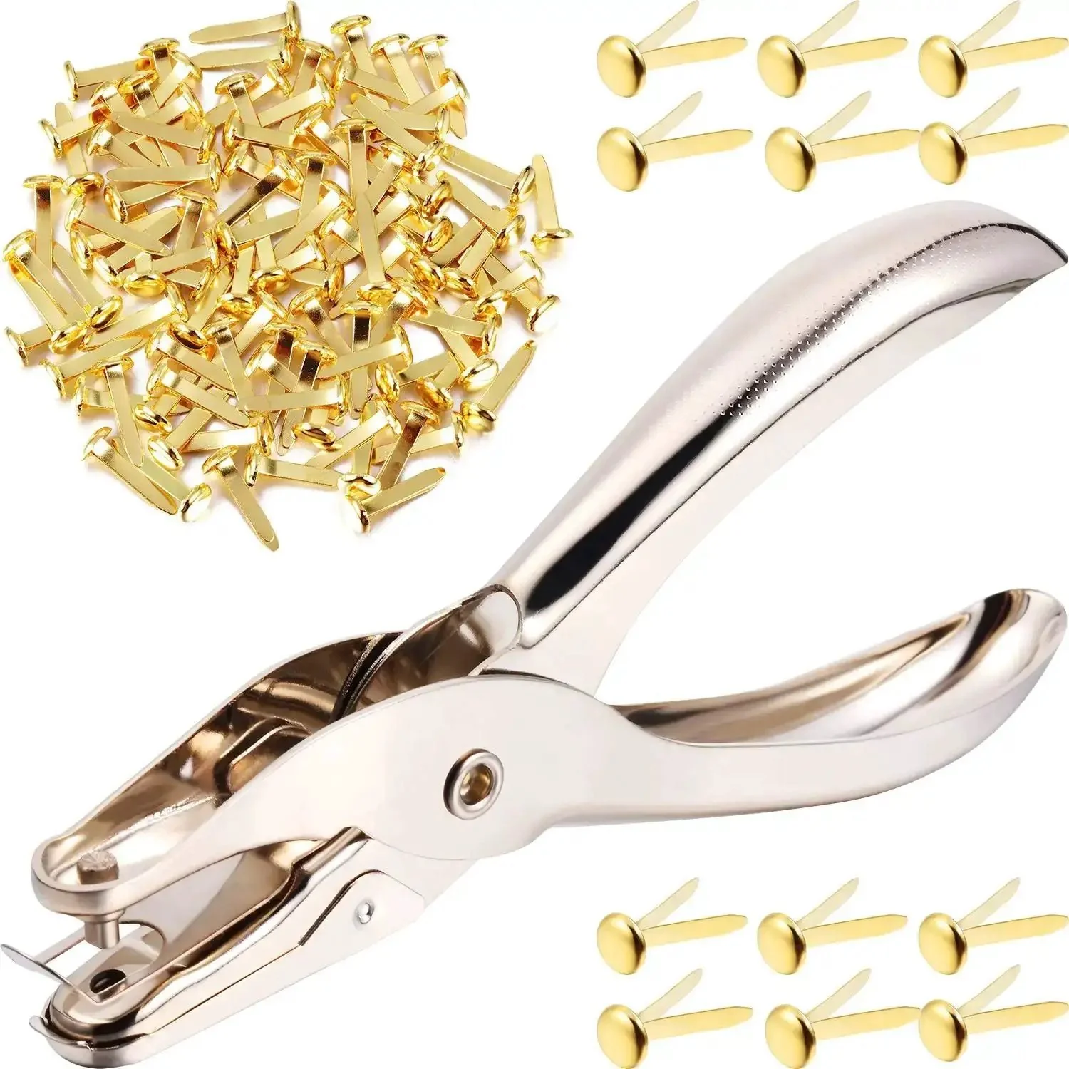 300 Pieces Three Quarters Inch Paper Fasteners Small Round Metal Brads With Hole Punch Included For Scrapbooking Crafts And DIY Gold Tone Rustproof Brass Plated Finish For Smooth Use And Great Looking Projects