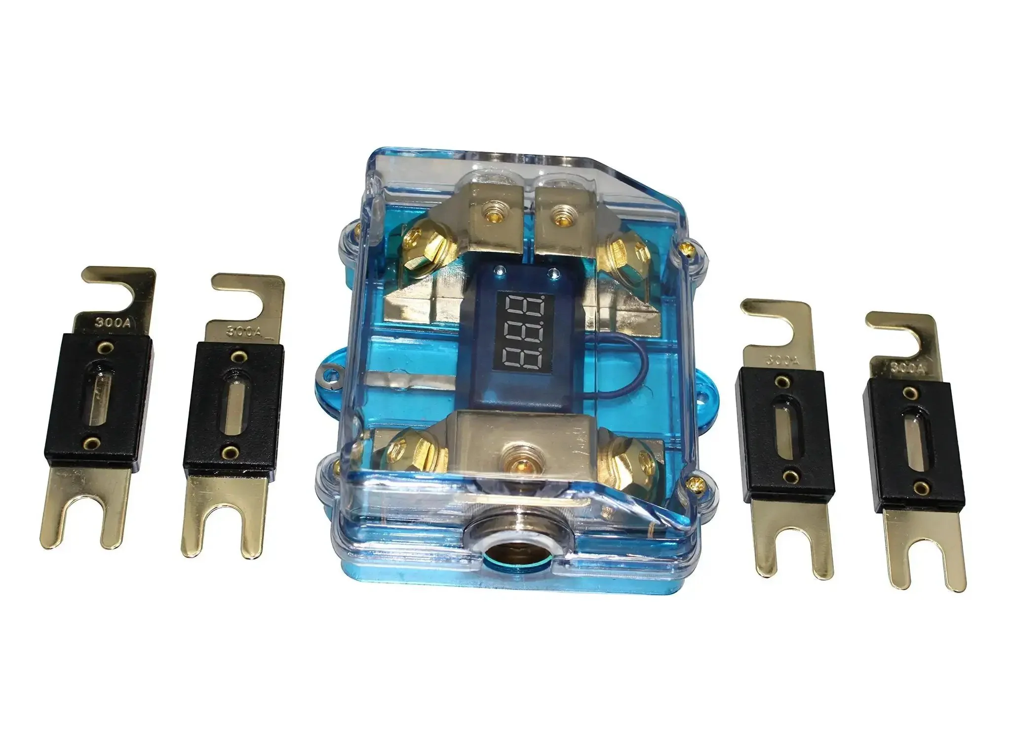 300A ANL Dual Digital Gold Plated Distribution Block Fuse Holder For Car Audio With One 0 to 4 Gauge Input And Two 4 or 8 Gauge Outputs 12 to 24 Volt Input Red LED Status Digital Voltmeter Display 24K Gold Finish