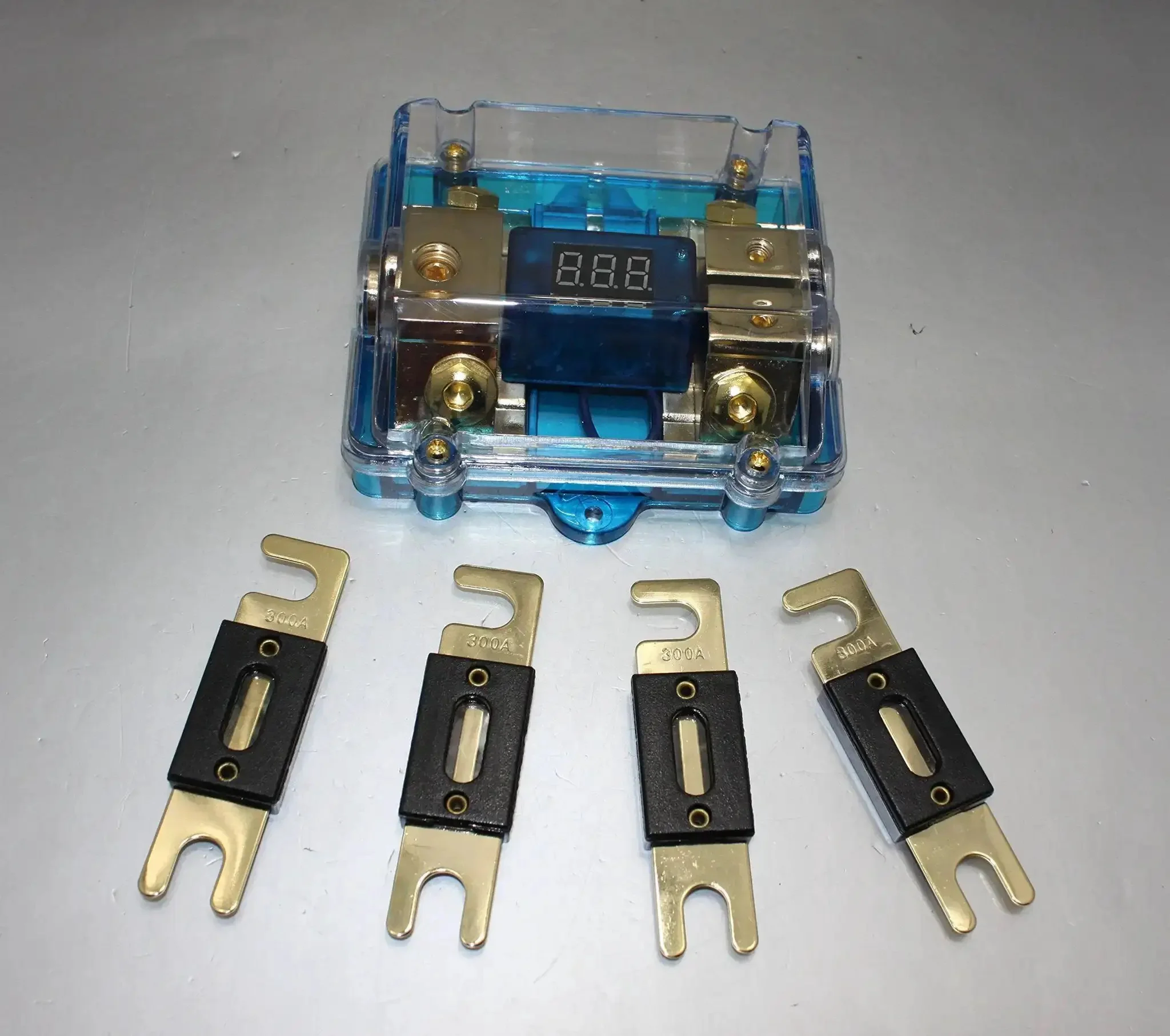300A ANL Dual Digital Gold Plated Distribution Block Fuse Holder For Car Audio With One 0 to 4 Gauge Input And Two 4 or 8 Gauge Outputs 12 to 24 Volt Input Red LED Status Digital Voltmeter Display 24K Gold Finish - Image 6