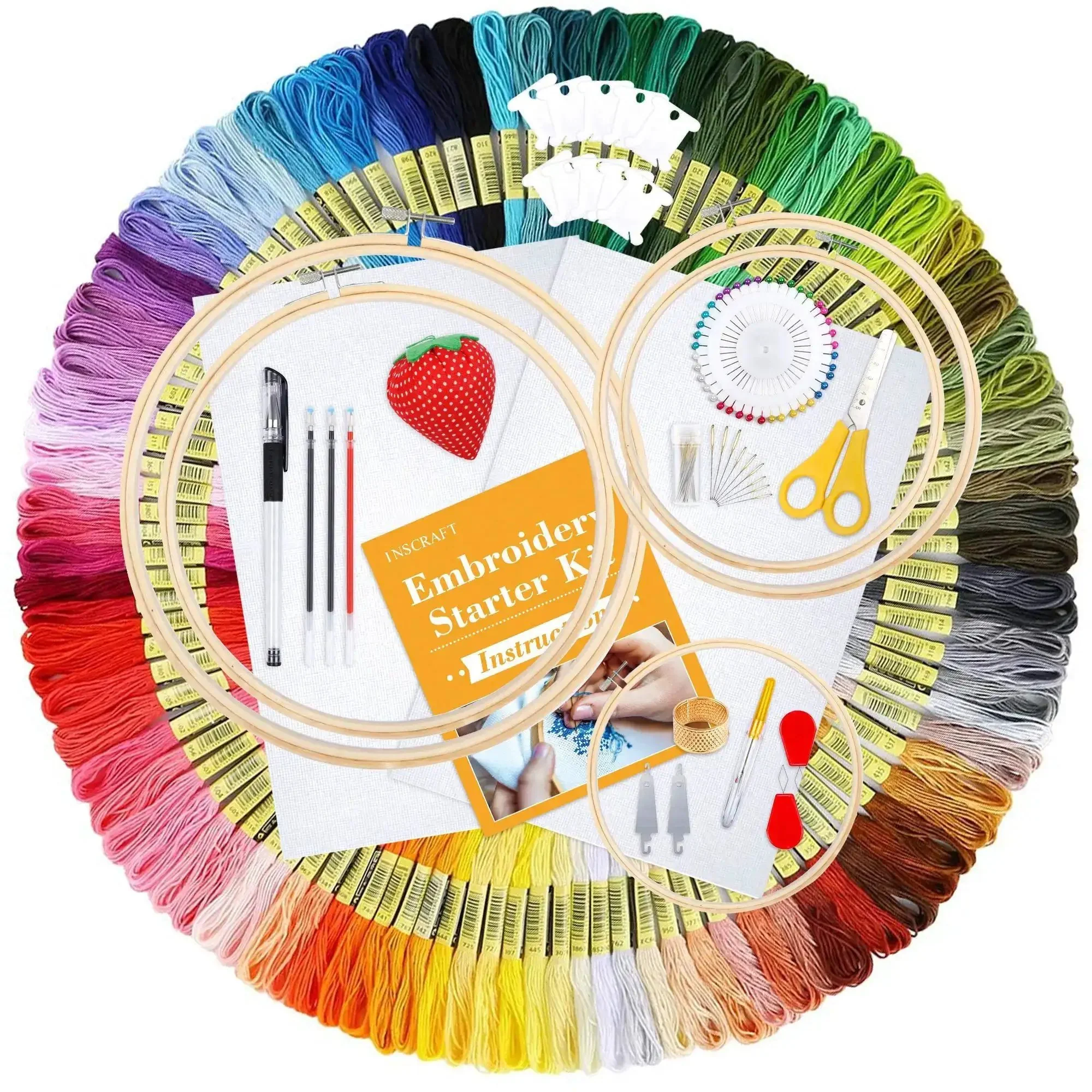304 Pack Embroidery Starter Kit With 200 Color Floss 5 Bamboo Embroidery Hoops 2 Aida Cloths Easy Instructions Bag And Cross Stitch Tools Set For Beginners And Adults