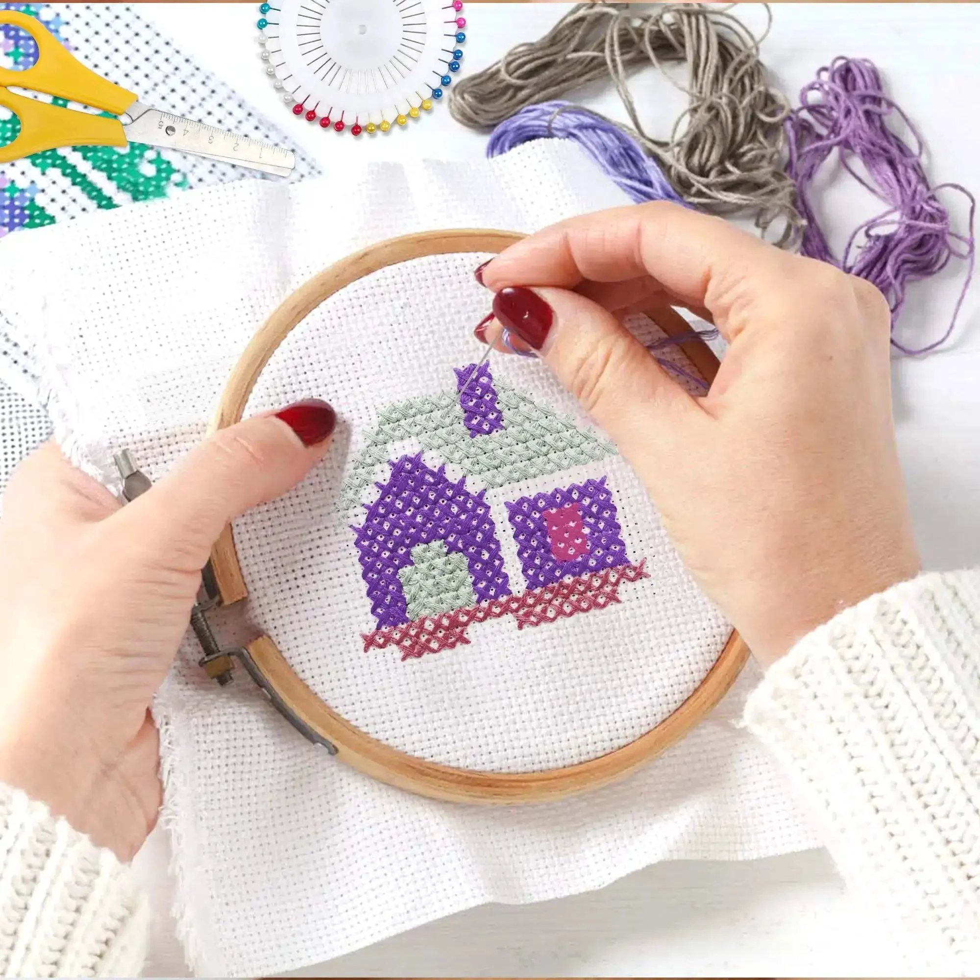 304 Pack Embroidery Starter Kit With 200 Color Floss 5 Bamboo Embroidery Hoops 2 Aida Cloths Easy Instructions Bag And Cross Stitch Tools Set For Beginners And Adults - Image 3
