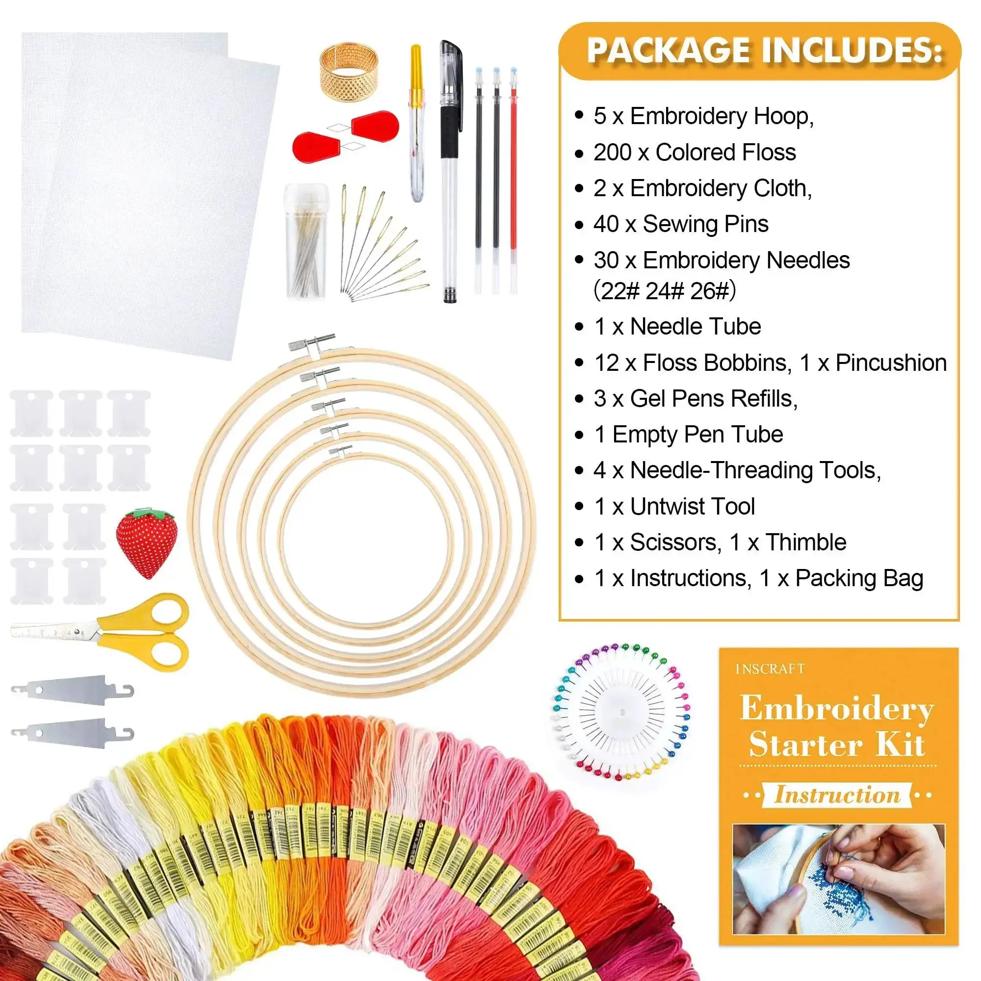304 Pack Embroidery Starter Kit With 200 Color Floss 5 Bamboo Embroidery Hoops 2 Aida Cloths Easy Instructions Bag And Cross Stitch Tools Set For Beginners And Adults - Image 6