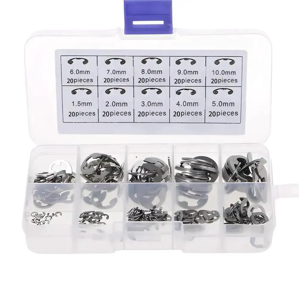 304 Stainless Steel E Clip Retaining Ring Set, 200 Pcs All In One Kit M1.5 To M10 External Rings For Washers Bearings Gears Pulleys And Axles, Includes Storage Box, Rust Resistant And Durable For Indoor Outdoor Use
