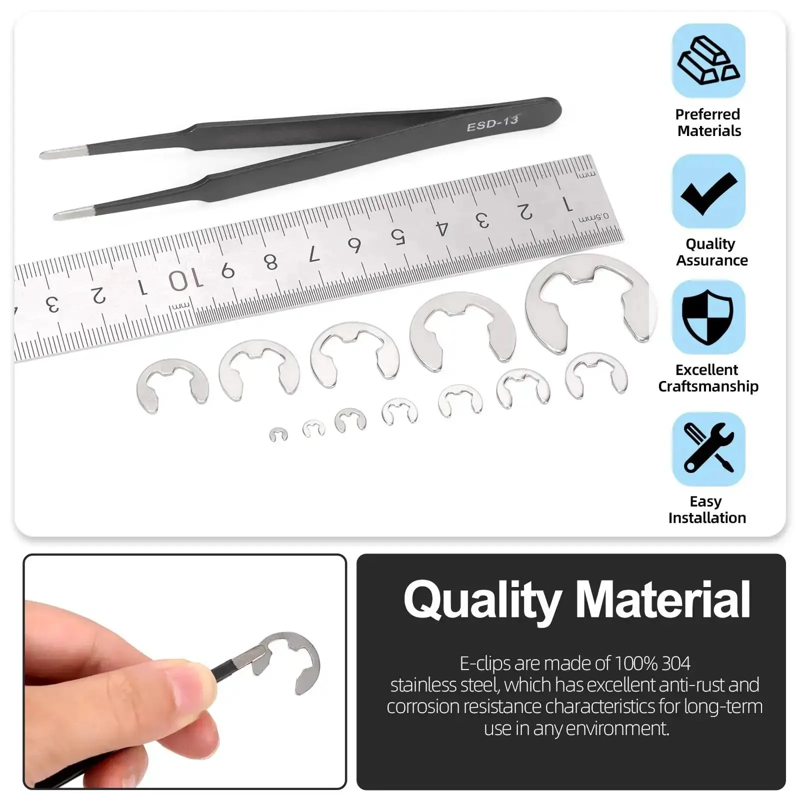 304 Stainless Steel E Clips Retaining Rings Set, 14 Sizes From 1.5mm to 15mm, Heat Treated External Retaining Clips, Circlips and Retainers, Includes Tweezers, 211 Pieces for Gears, Housings, and Gearhead Projects - Image 4