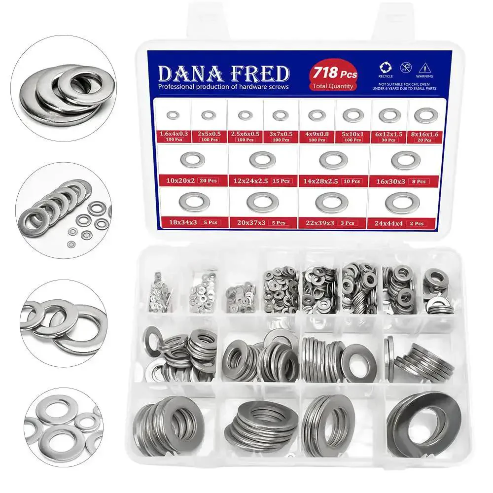 304 Stainless Steel Flat Washer Assortment Kit M1.6 To M24 With 718 Pieces In 16 Sizes For Screws Spacers And Hardware Perfect For Interior Decor Electrical Maintenance And Furniture Repair Must Have Diy Ready - Image 2