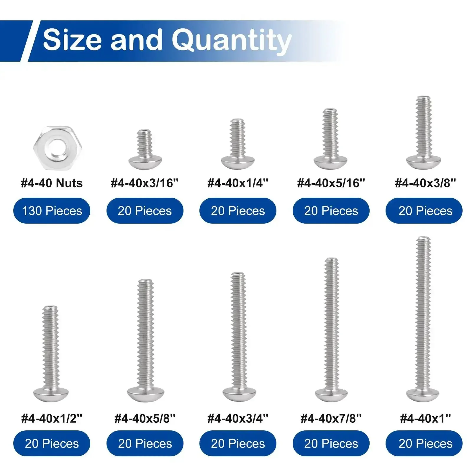 310 Piece 4-40 Phillips Pan Head Machine Screws Assortment Kit In 304 Stainless Steel With Fully Machine Thread Includes 9 Lengths From 3/16 To 1 Inch And Matching Nuts And Bolts For DIY Projects - Image 5